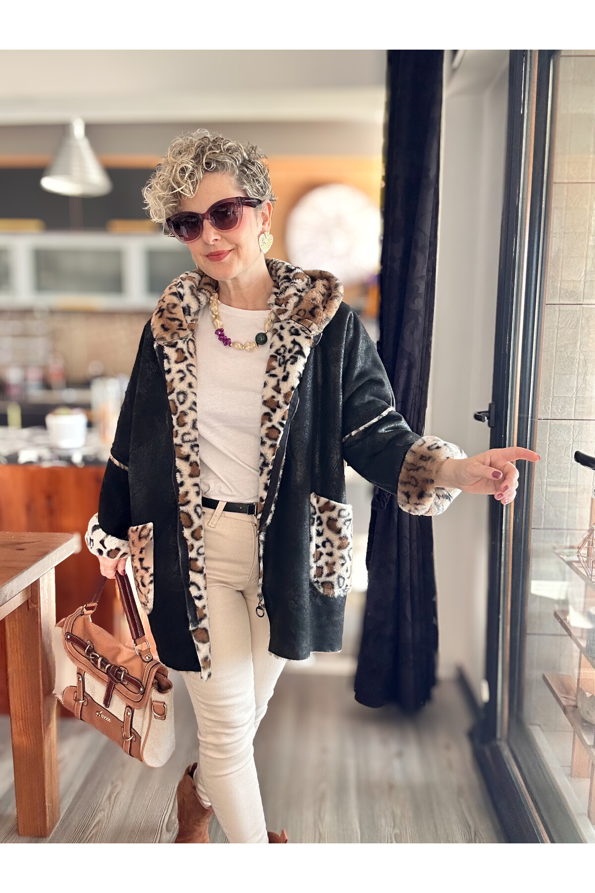 Lappe Leopar Desen İçi Polar Nubuk Kaban Siyah