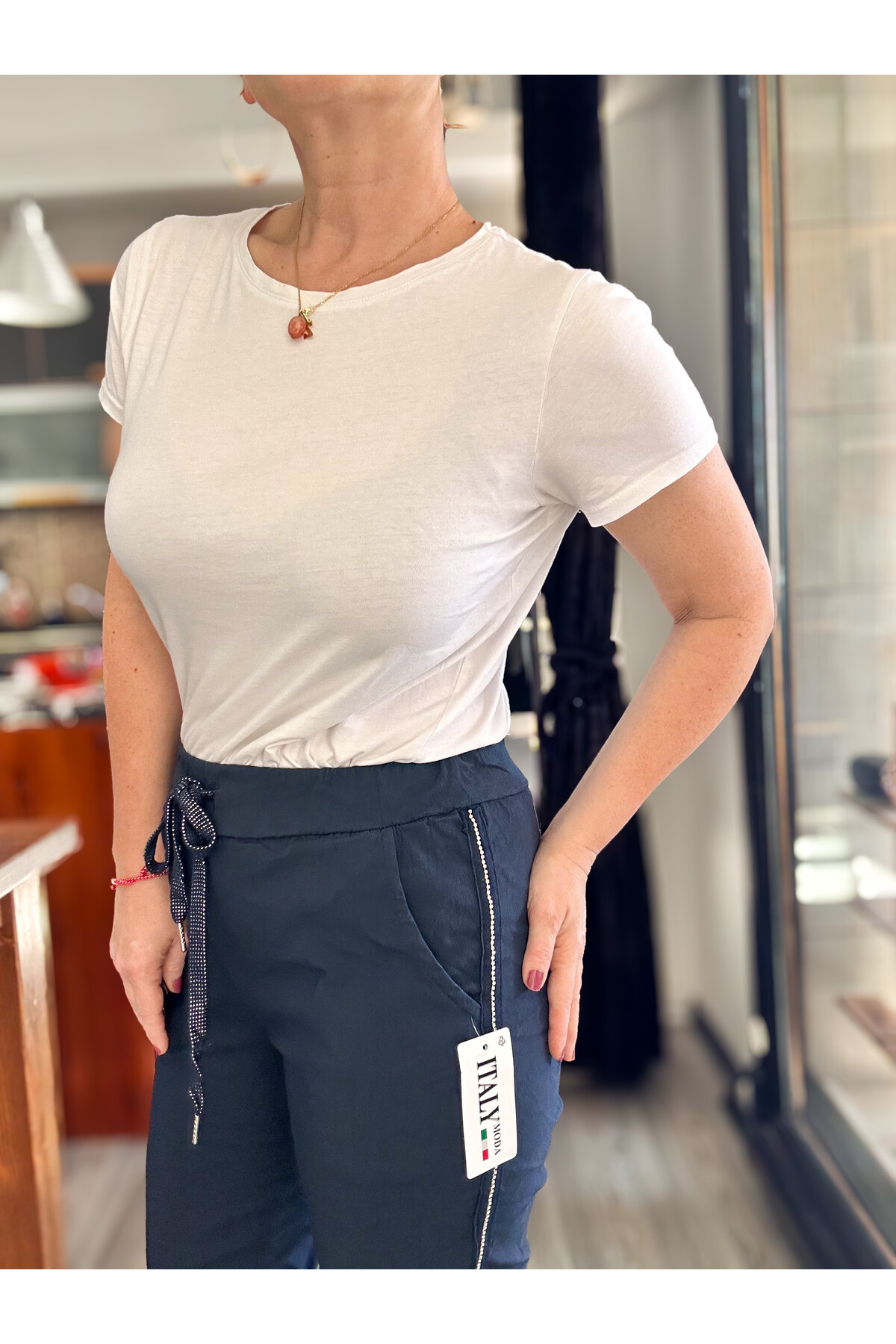 Lecce İtalyan Sihirli İnce Taş Şerit Detay Pantalon Lacivert