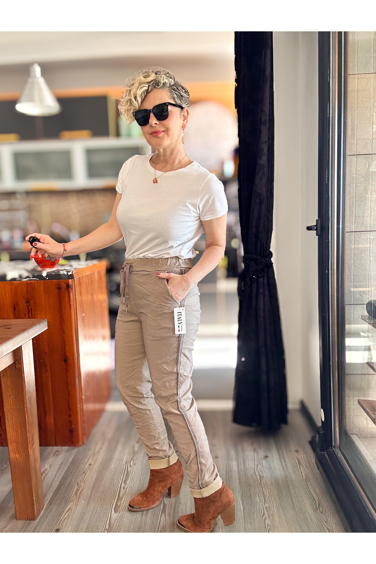 Lecce İtalyan Sihirli İnce Taş Şerit Detay Pantalon Vizon