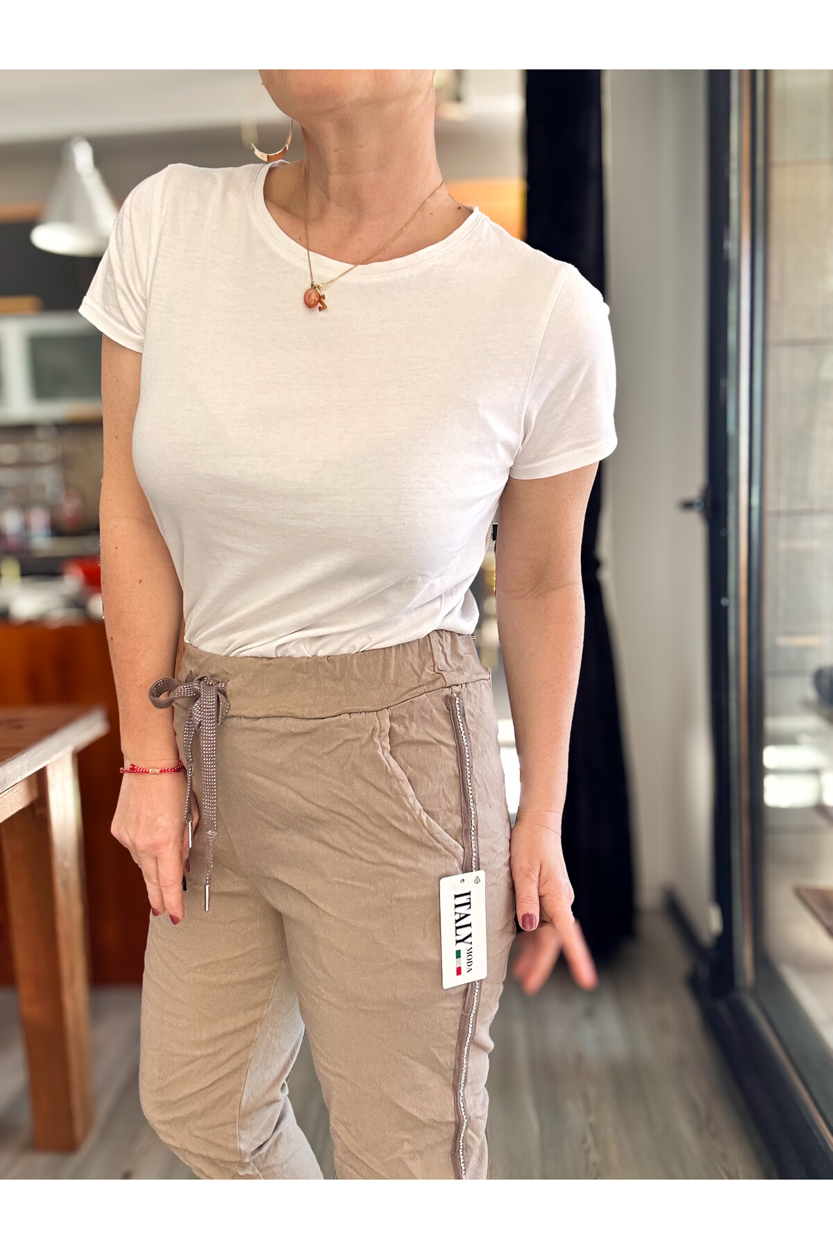 Lecce İtalyan Sihirli İnce Taş Şerit Detay Pantalon Vizon