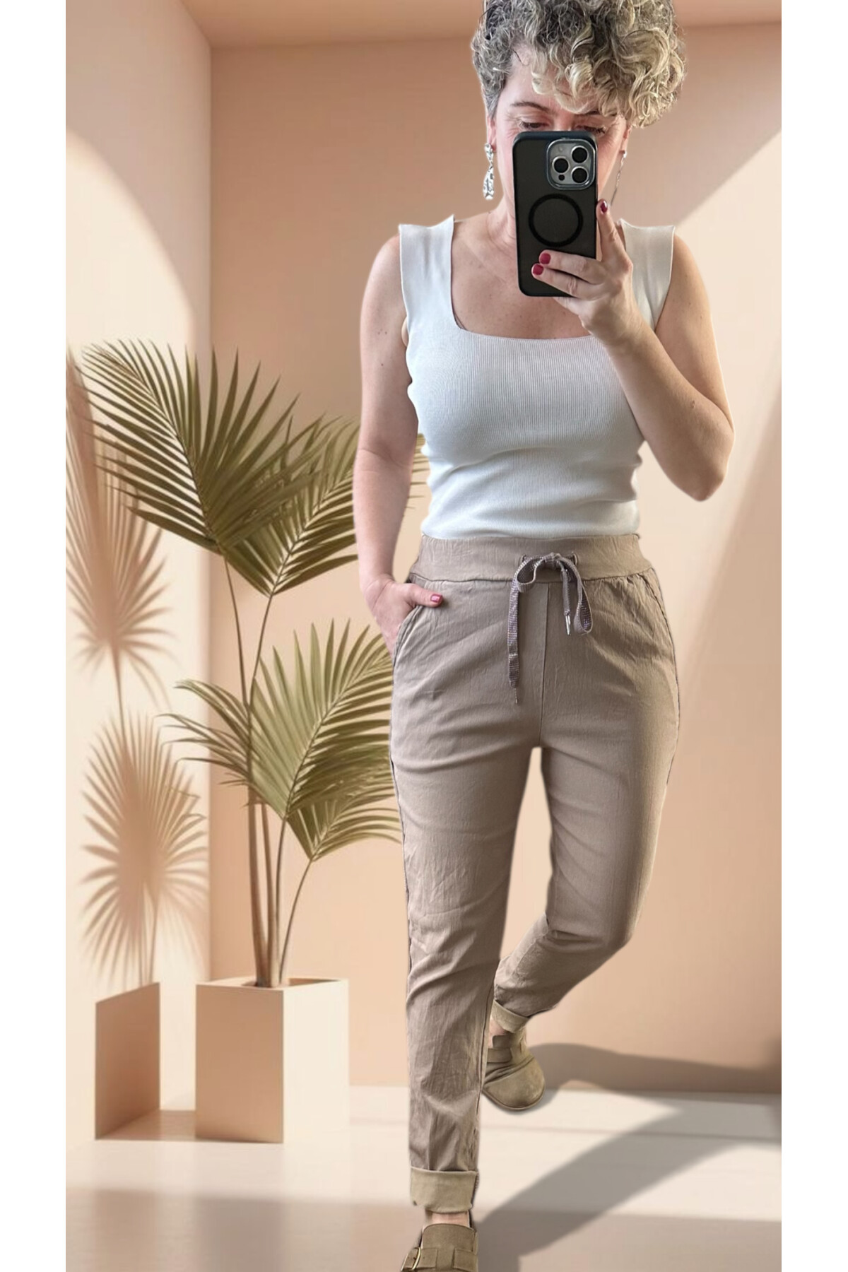 Lecce İtalyan Sihirli İnce Taş Şerit Detay Pantalon Vizon