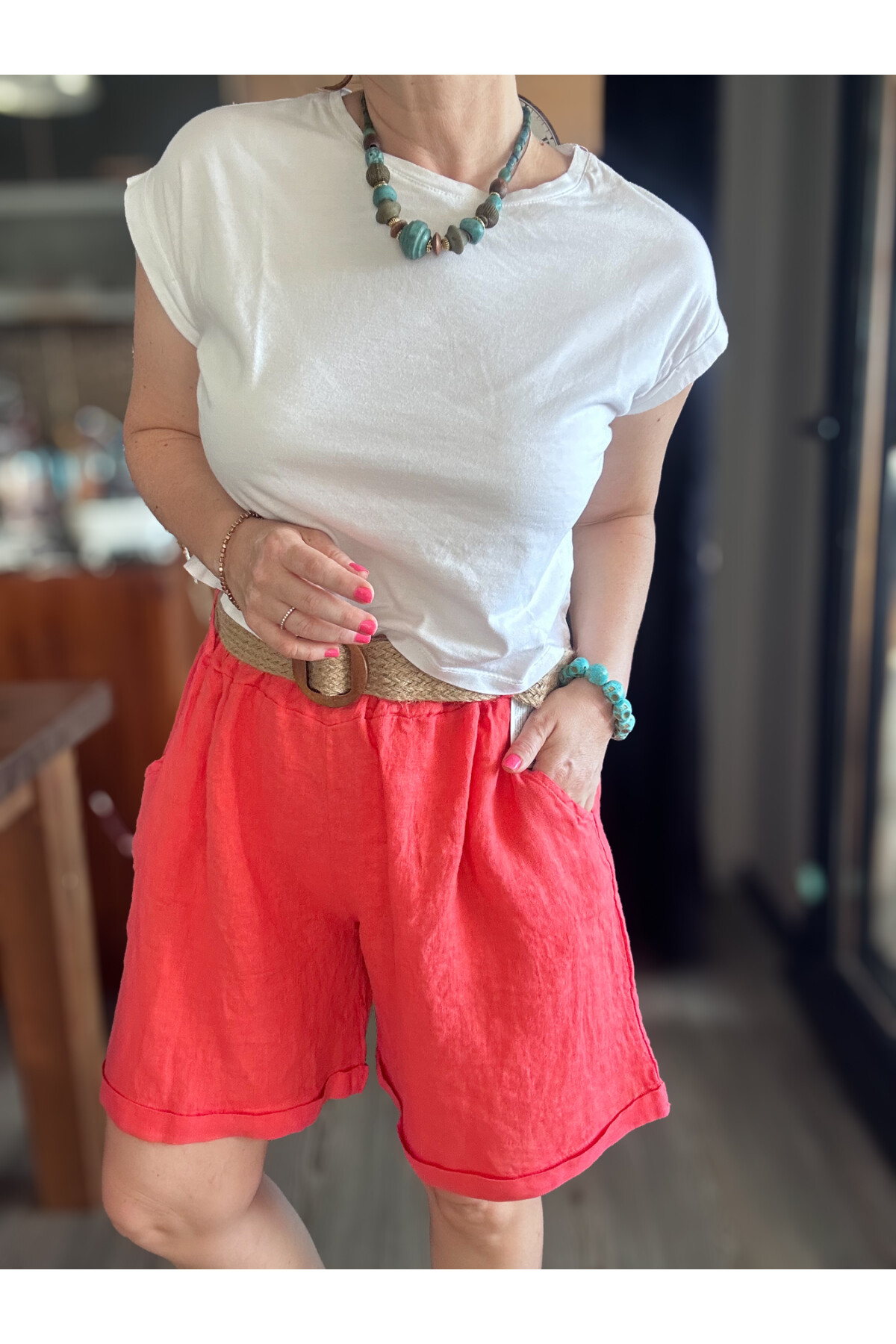 Lenasso İtalyan Stil Hasır Kemerli Keten Şort Mercan