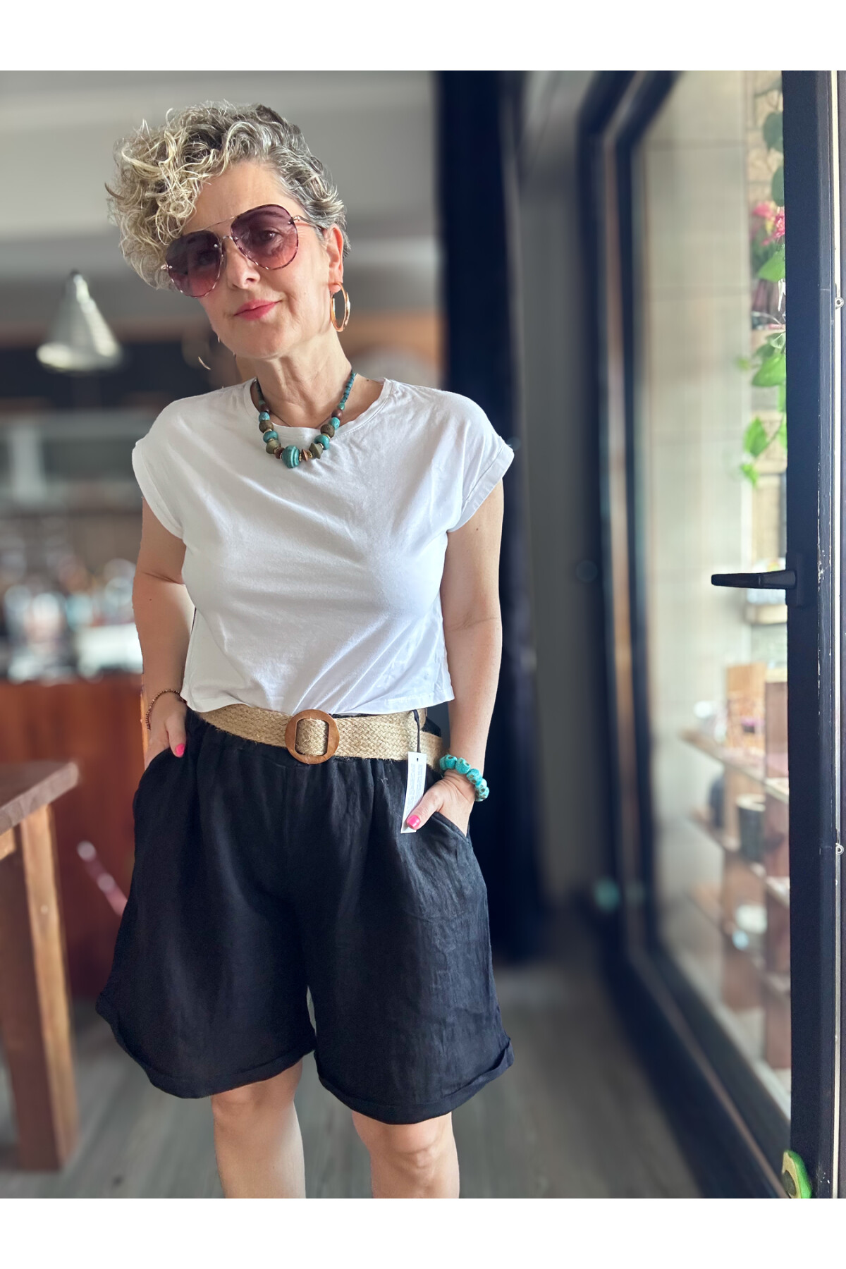 Lenasso İtalyan Stil Hasır Kemerli Keten Şort Siyah