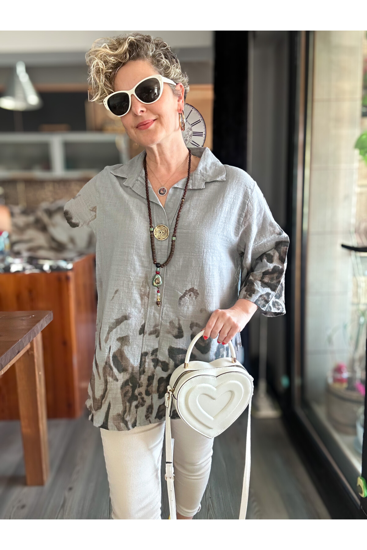 Lenna Leopar Desen Tasarım Gömlek Bluz Açık Gri