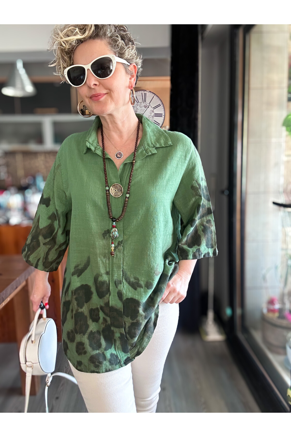 Lenna Leopar Desen Tasarım Gömlek Bluz Haki