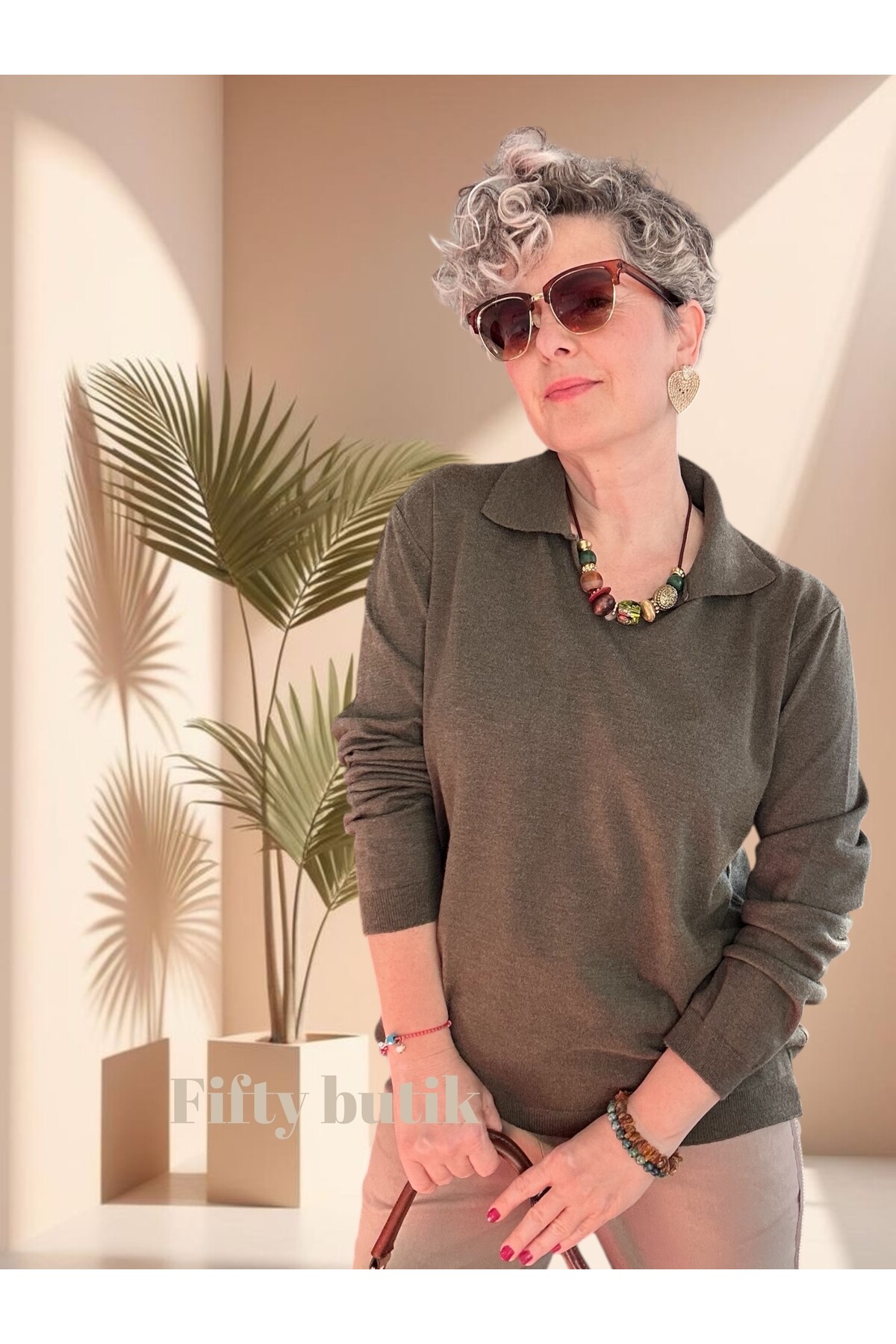 Lerso Polo Yaka Tasarım Triko Bluz Haki