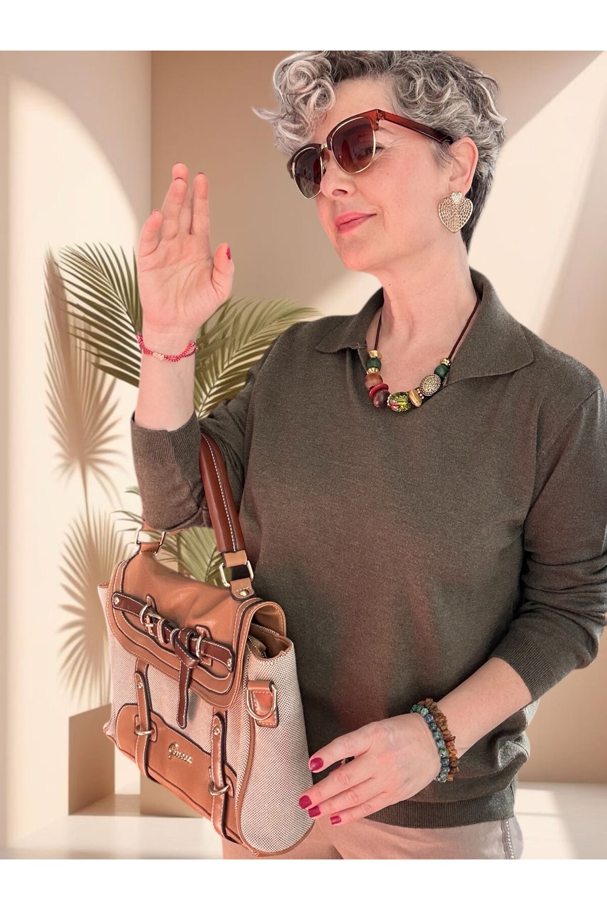 Lerso Polo Yaka Tasarım Triko Bluz Haki