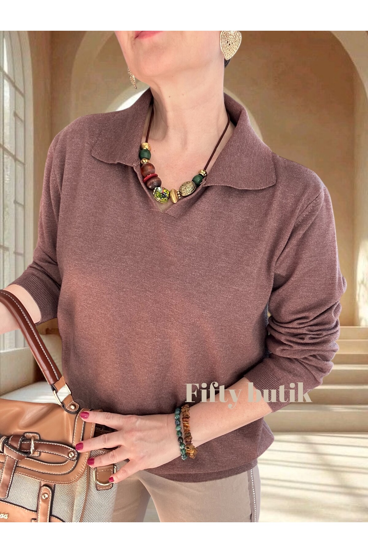 Lerso Polo Yaka Tasarım Triko Bluz Kahve