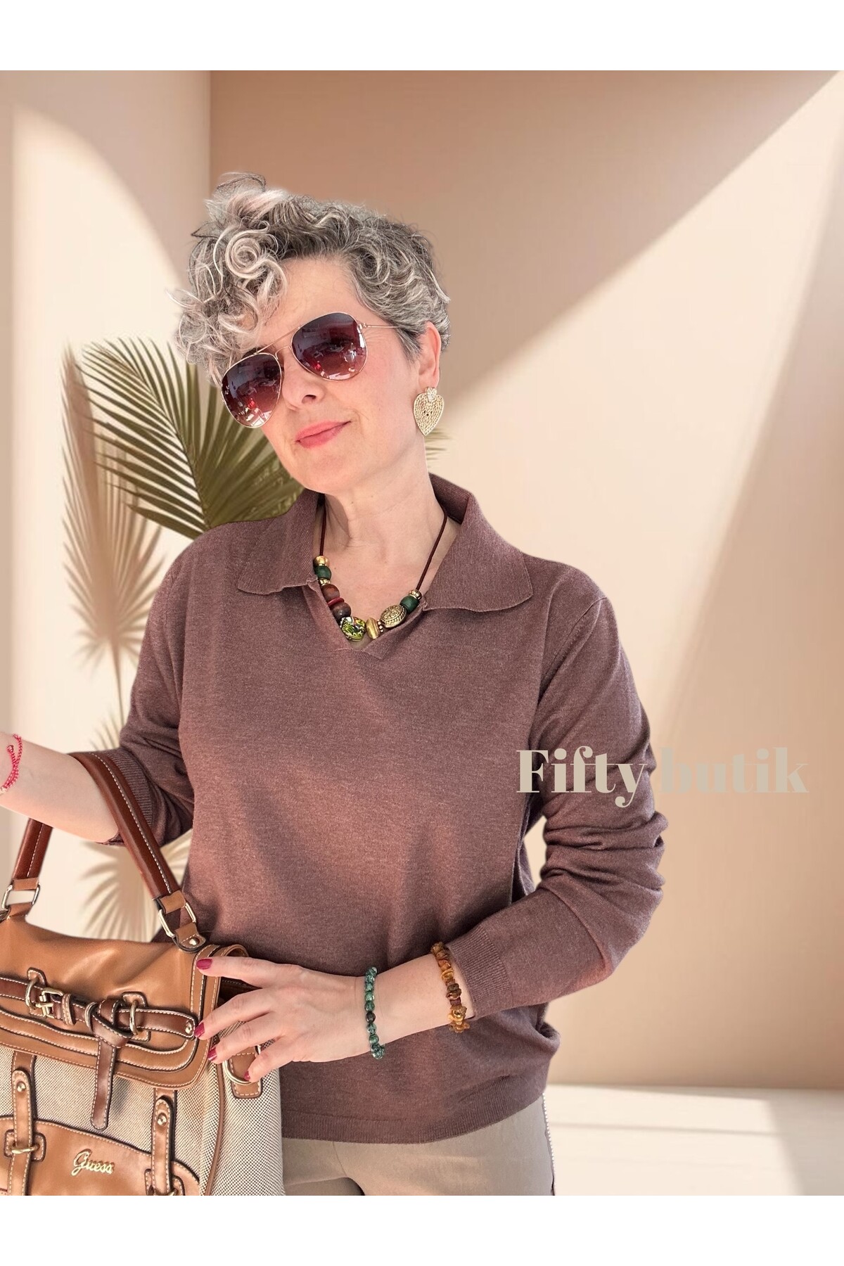 Lerso Polo Yaka Tasarım Triko Bluz Kahve