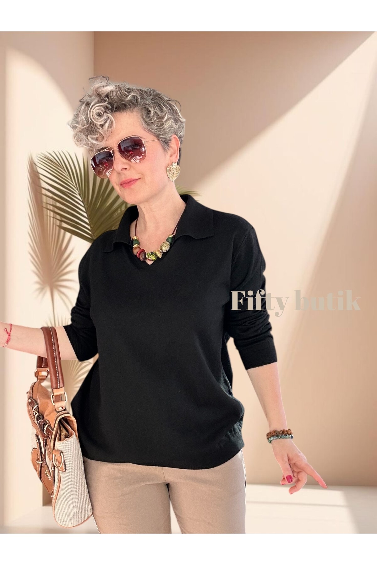 Lerso Polo Yaka Tasarım Triko Bluz Siyah