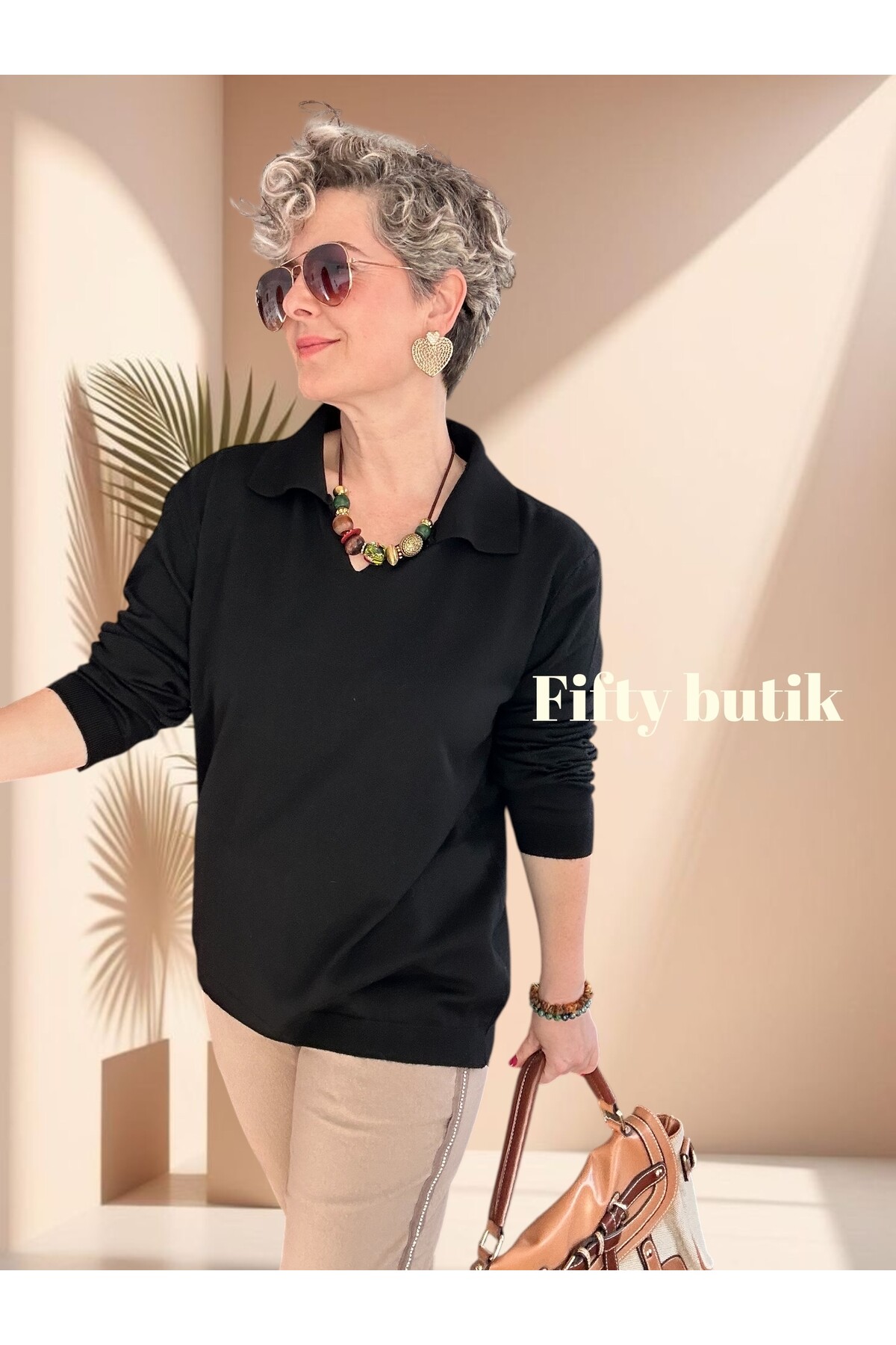 Lerso Polo Yaka Tasarım Triko Bluz Siyah