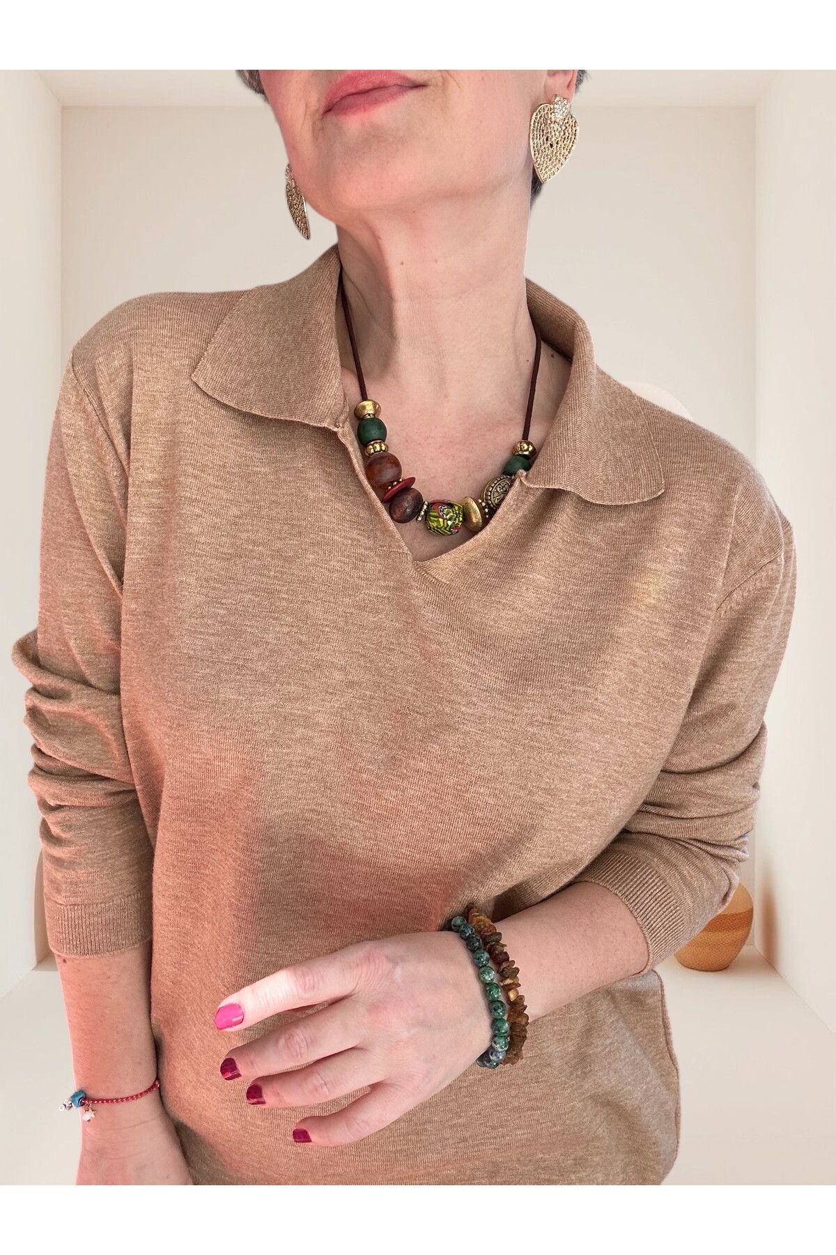 Lerso Polo Yaka Tasarım Triko Bluz Vizon