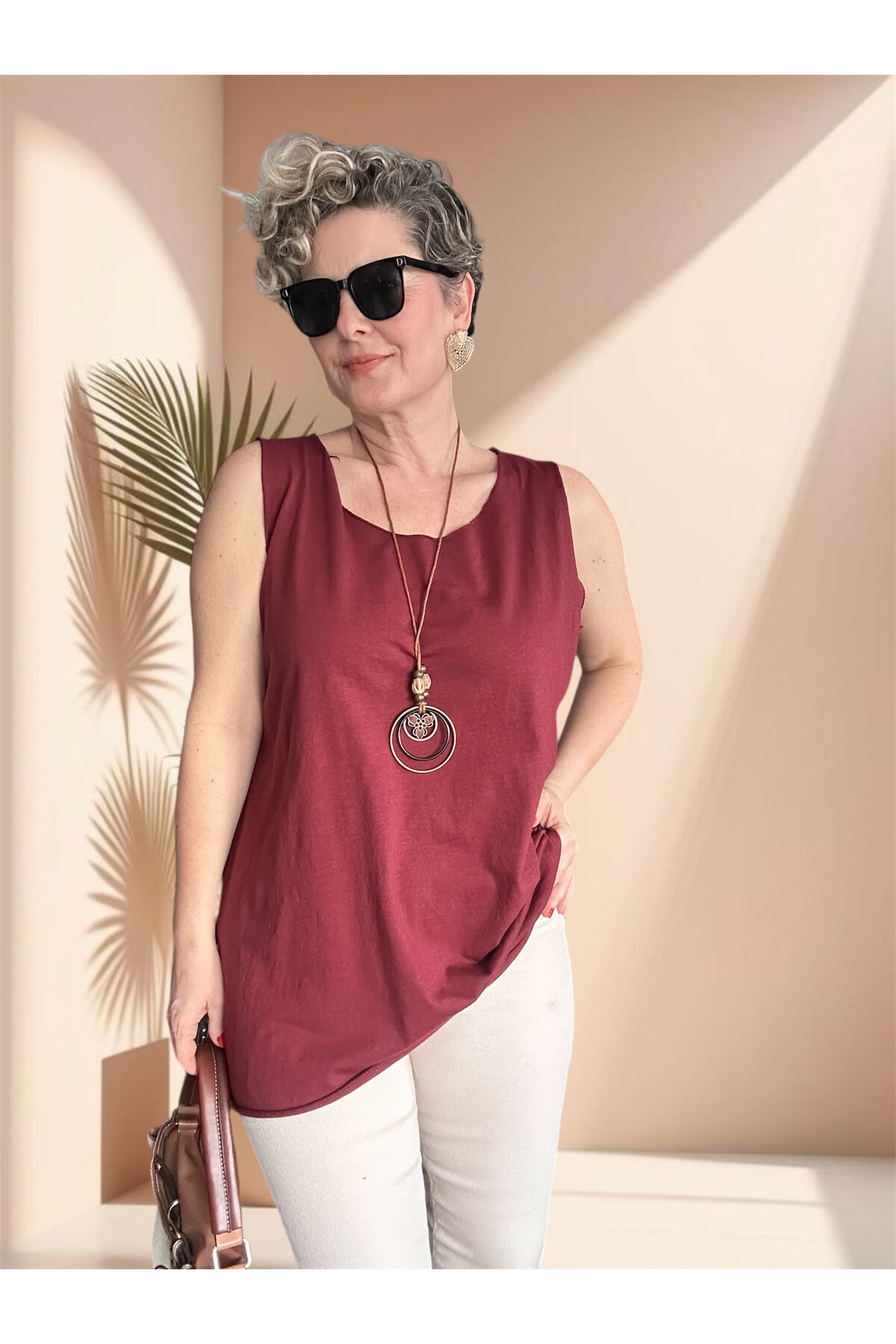 Lippa İthal Simli Düz Desen Kolyeli Triko Bluz Bordo