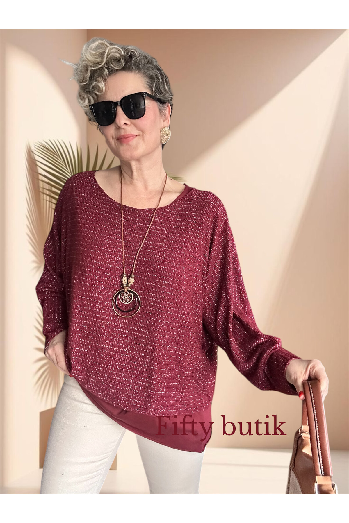 Lippa İthal Simli Düz Desen Kolyeli Triko Bluz Bordo