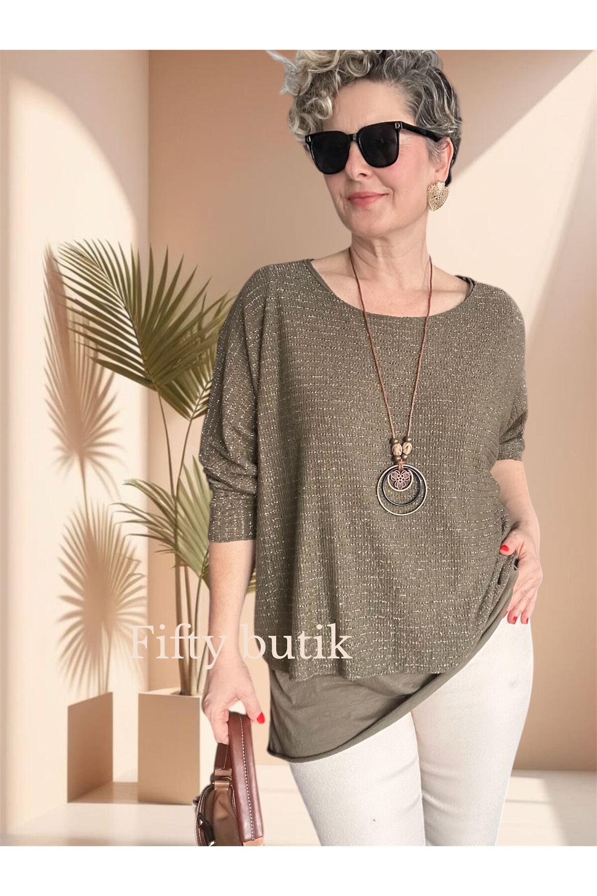 Lippa İthal Simli Düz Desen Kolyeli Triko Bluz Haki Yeşil