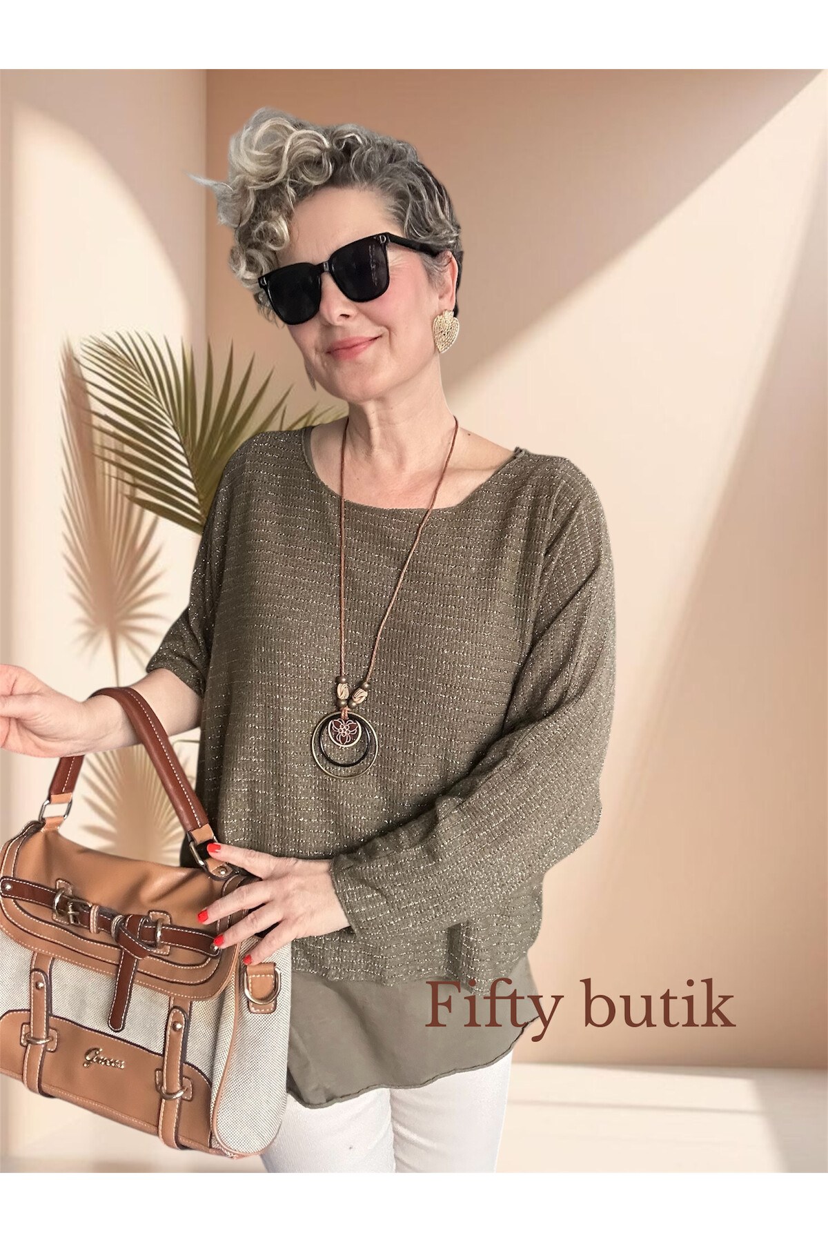 Lippa İthal Simli Düz Desen Kolyeli Triko Bluz Haki Yeşil