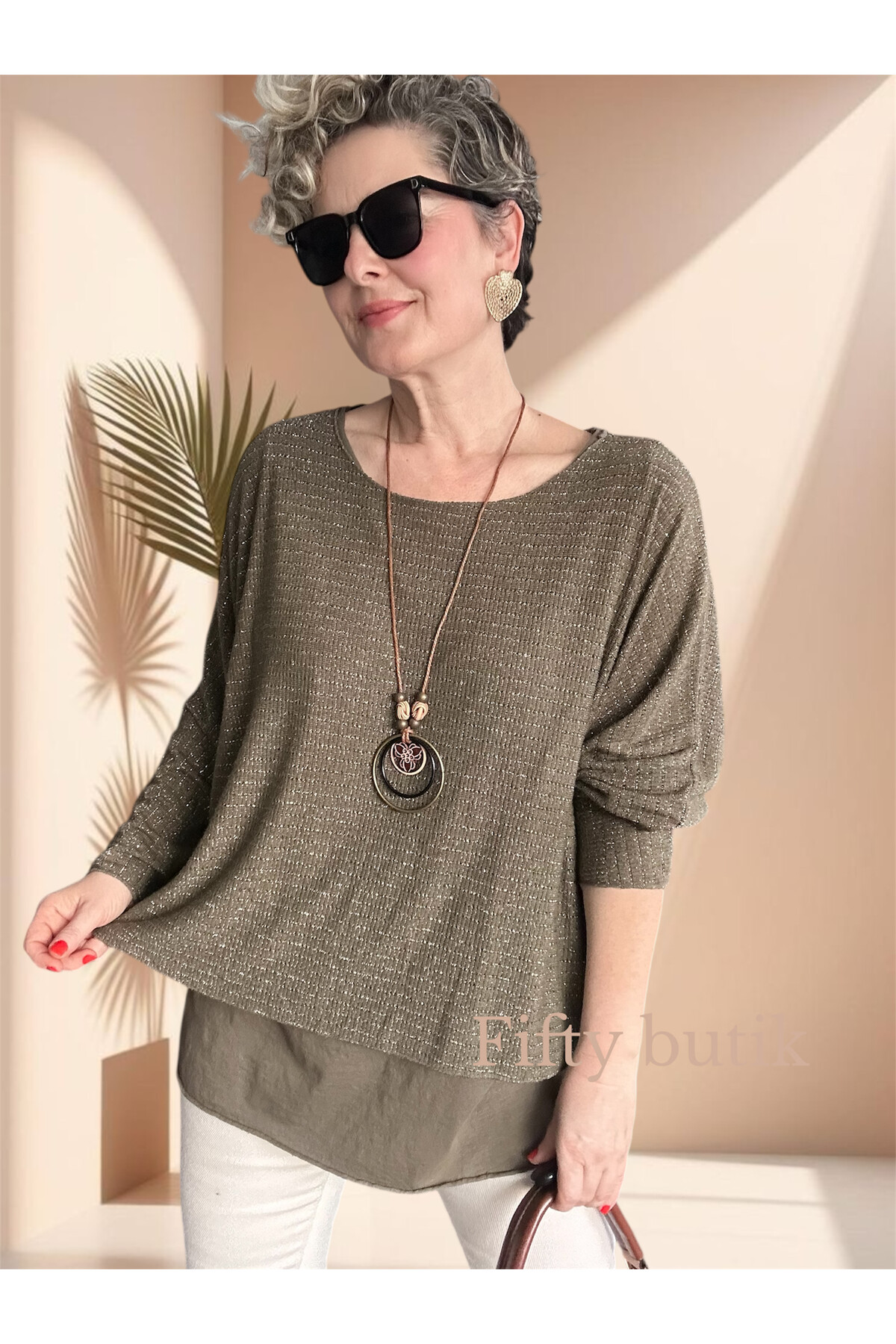 Lippa İthal Simli Düz Desen Kolyeli Triko Bluz Haki Yeşil