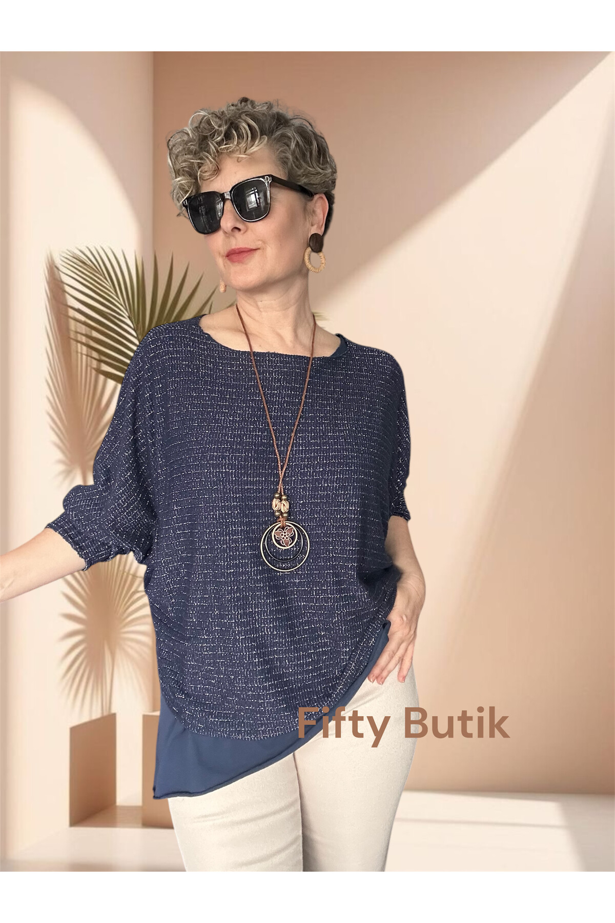 Lippa İthal Simli Düz Desen Kolyeli Triko Bluz Lacivert