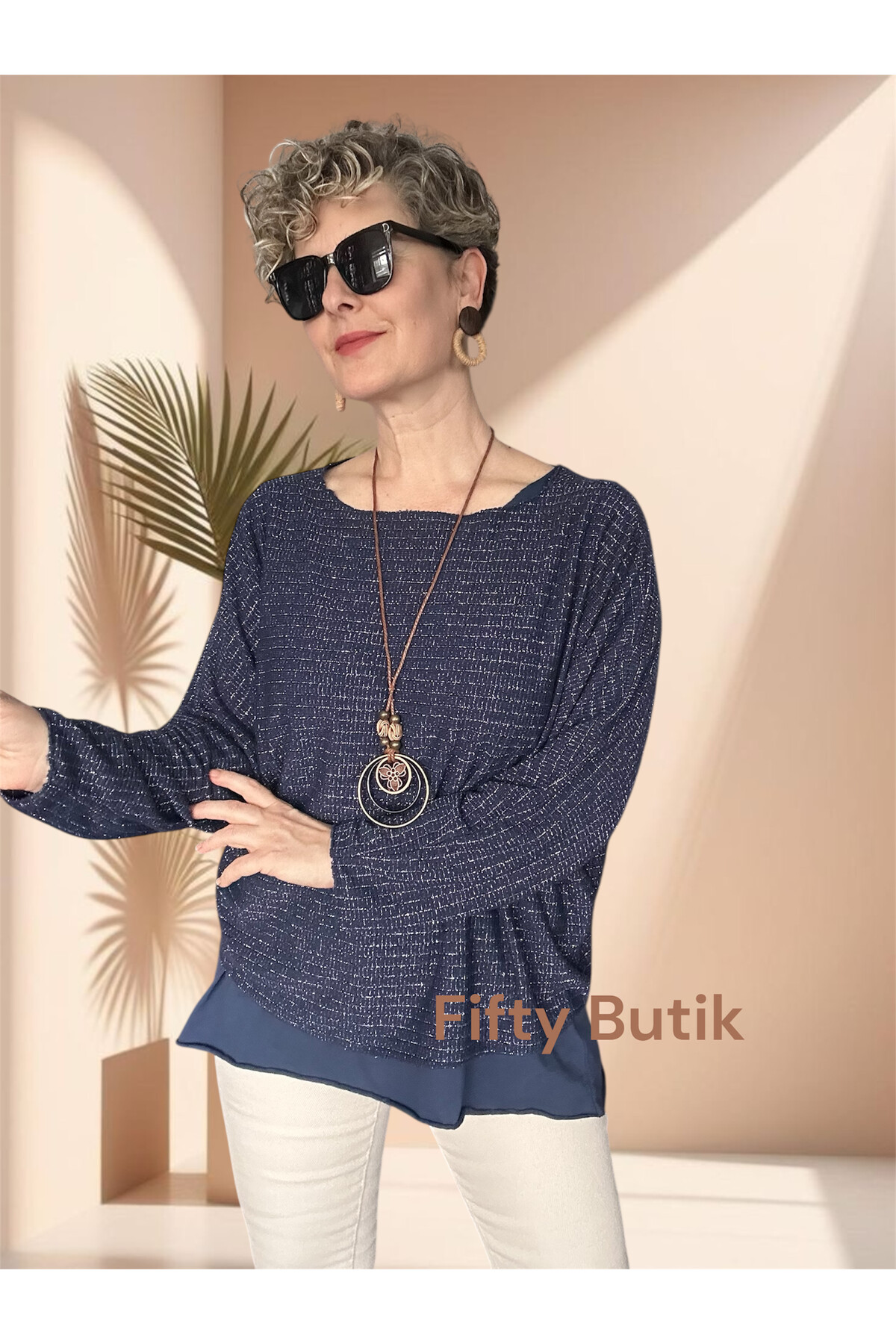 Lippa İthal Simli Düz Desen Kolyeli Triko Bluz Lacivert