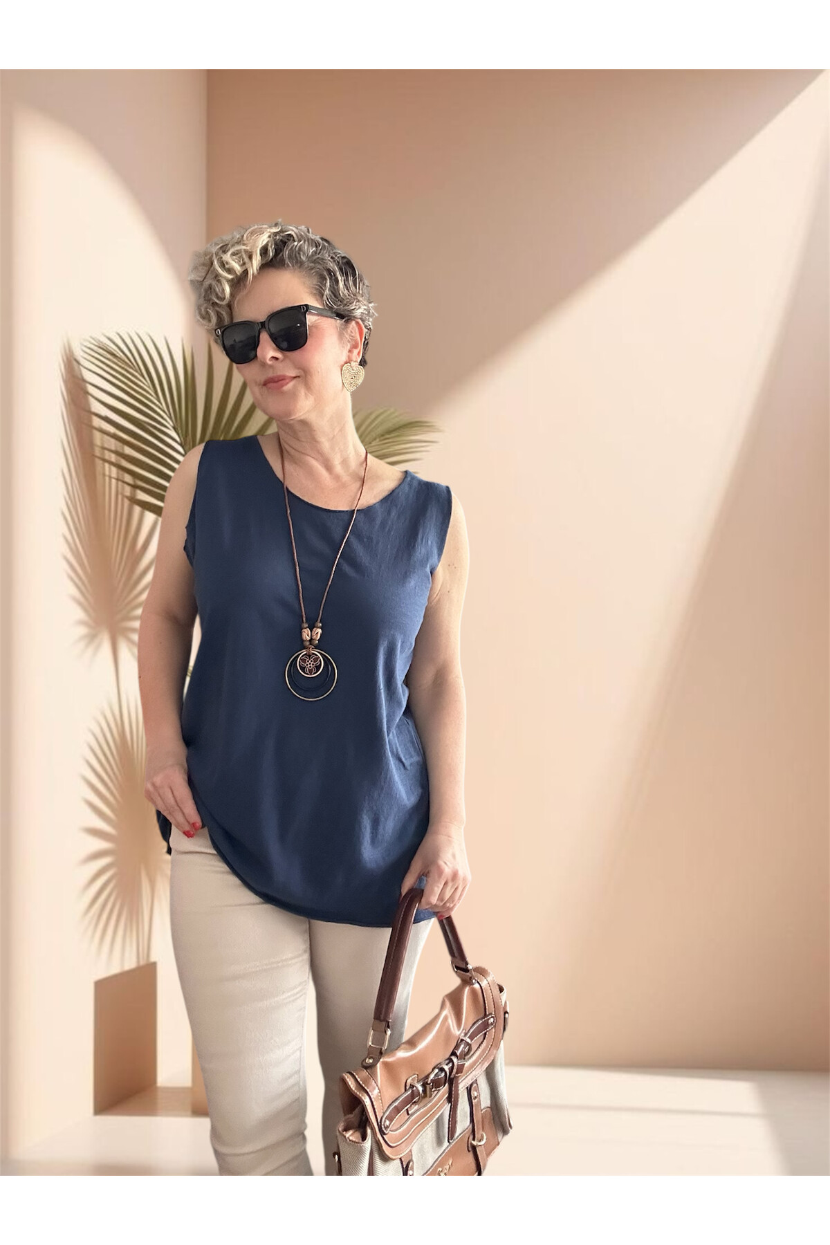 Lippa İthal Simli Düz Desen Kolyeli Triko Bluz Lacivert