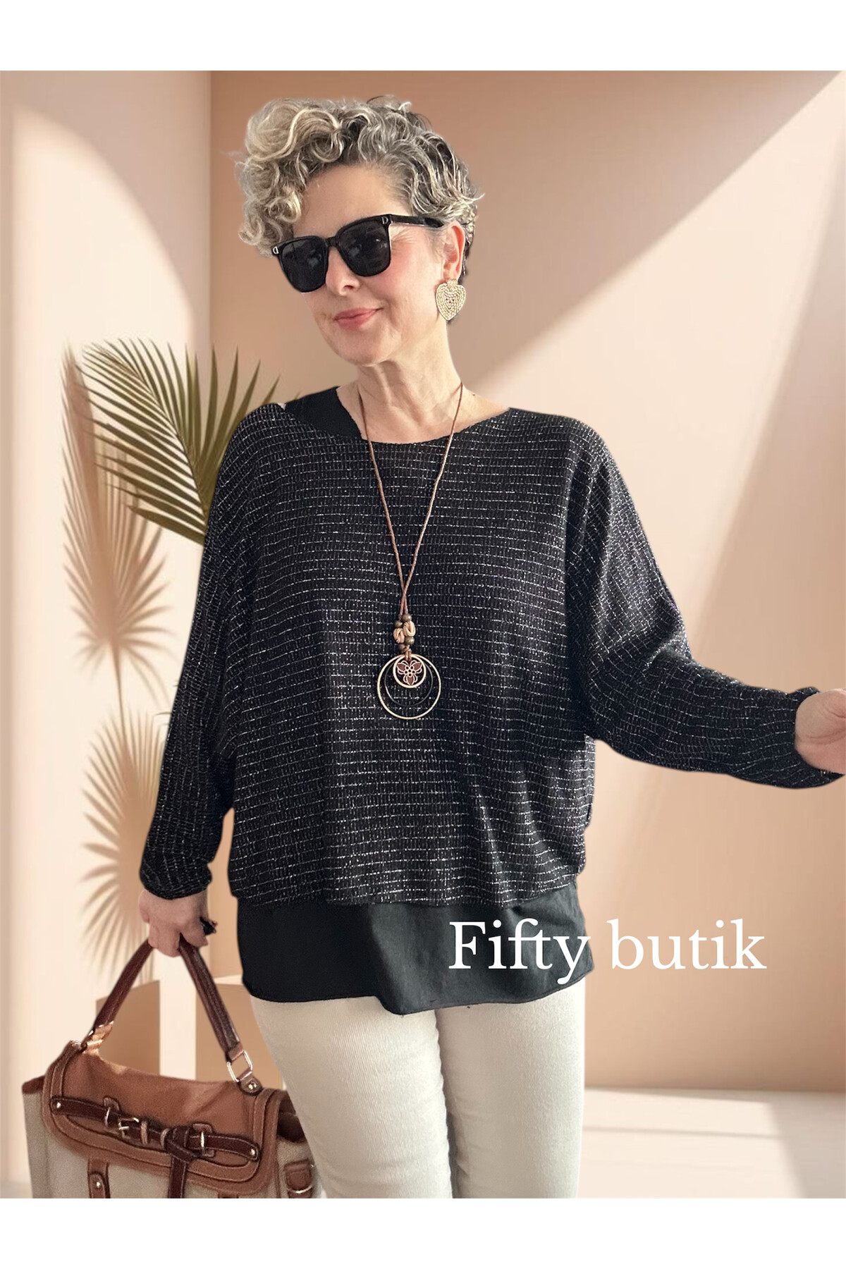 Lippa İthal Simli Düz Desen Kolyeli Triko Bluz Siyah