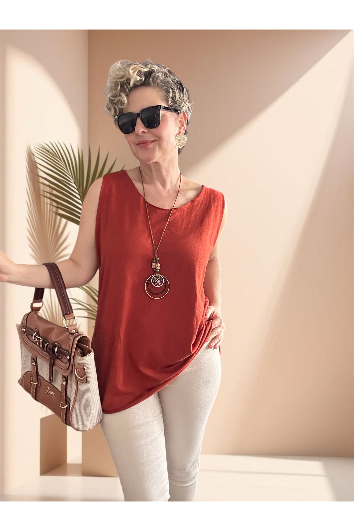 Lippa İthal Simli Düz Desen Kolyeli Triko Bluz Tarçın