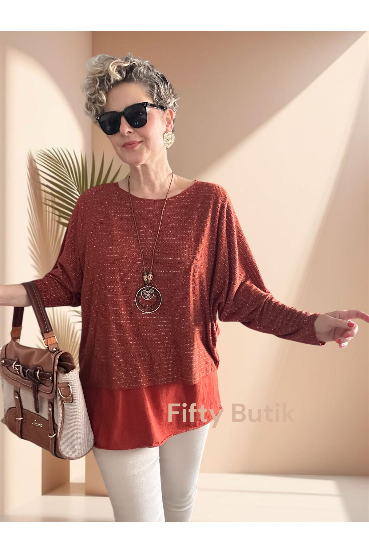 Lippa İthal Simli Düz Desen Kolyeli Triko Bluz Tarçın