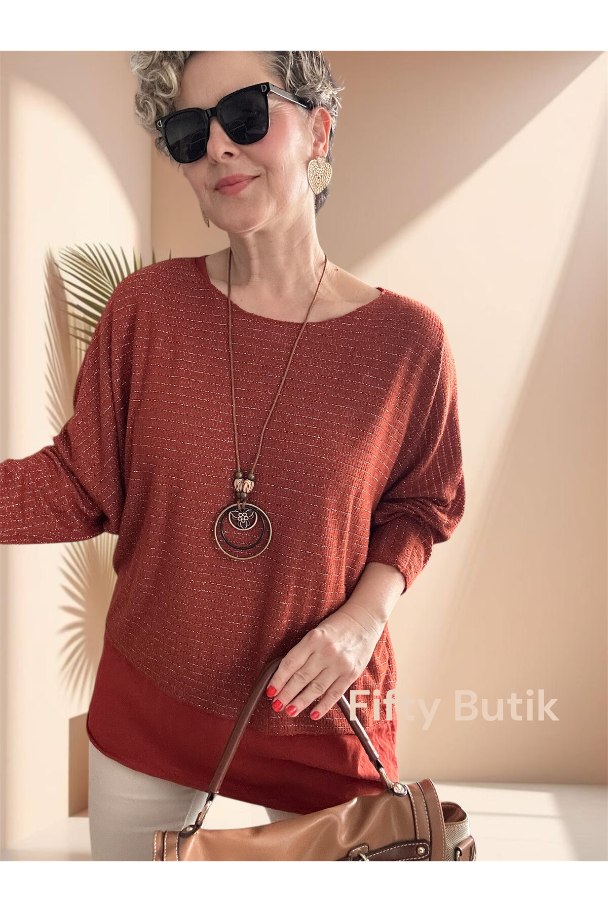 Lippa İthal Simli Düz Desen Kolyeli Triko Bluz Tarçın