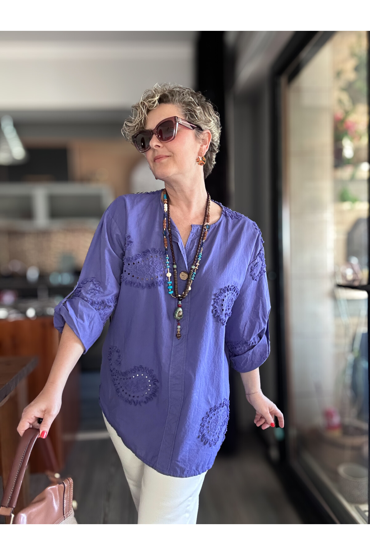 Lizza İtalyan Fisto Tahta Düğme Detay Gömlek Mor