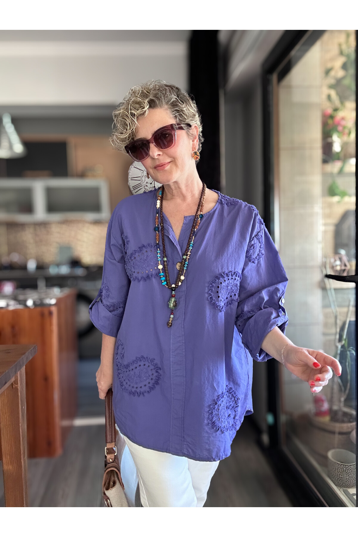 Lizza İtalyan Fisto Tahta Düğme Detay Gömlek Mor