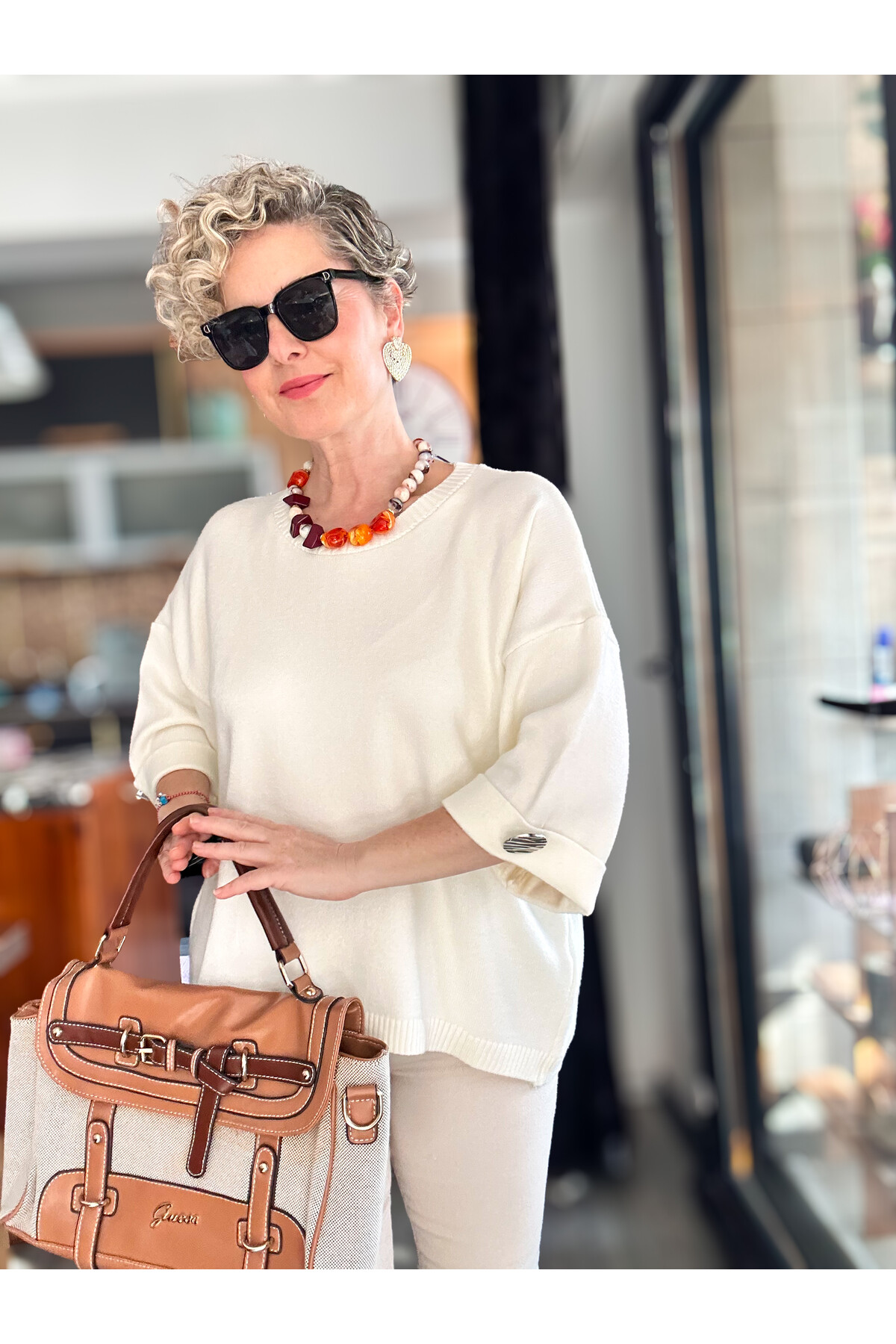 Macca Tasarım Düğme Detay Triko Bluz Ekru