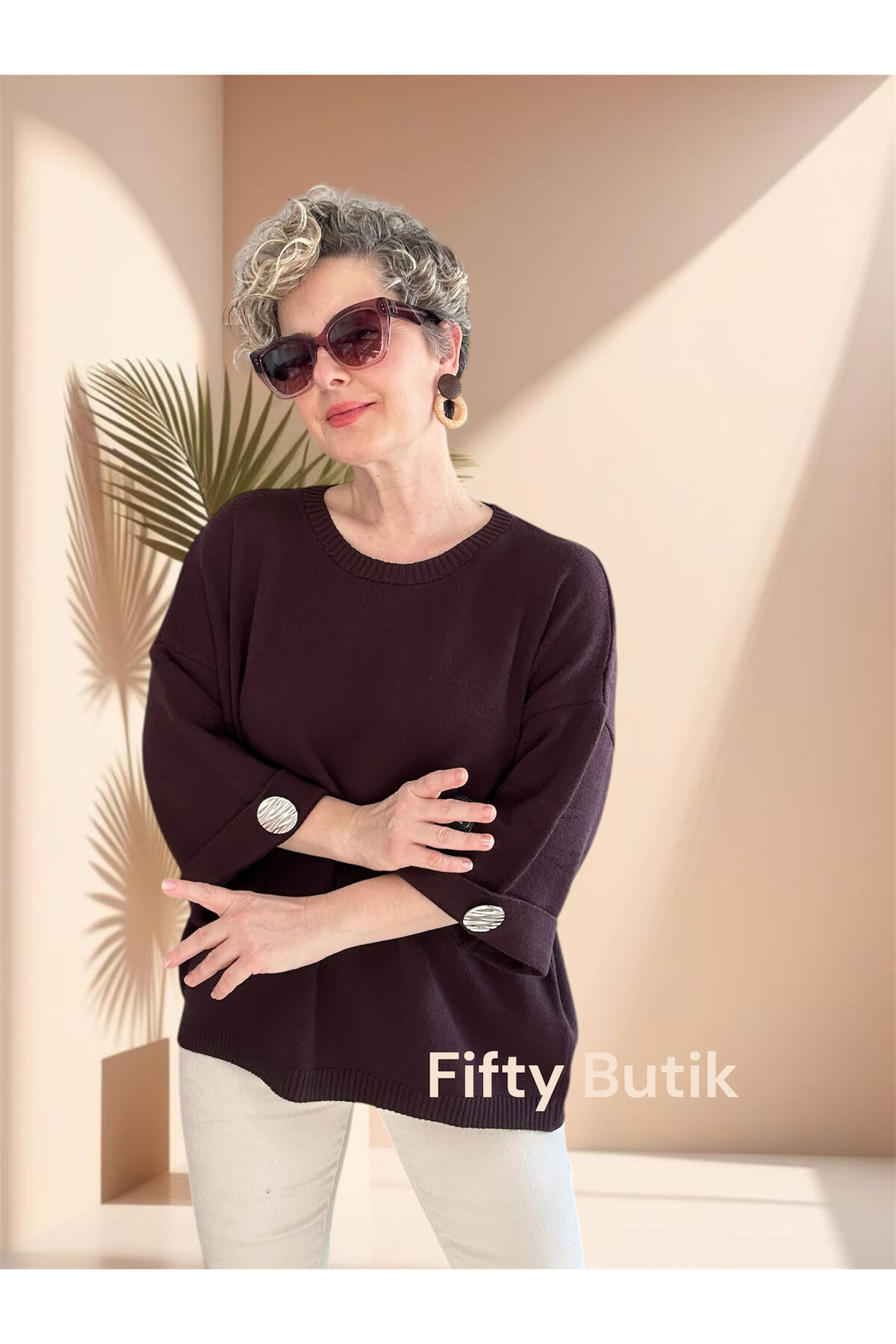 Macca Tasarım Düğme Detay Triko Bluz Kahverengi