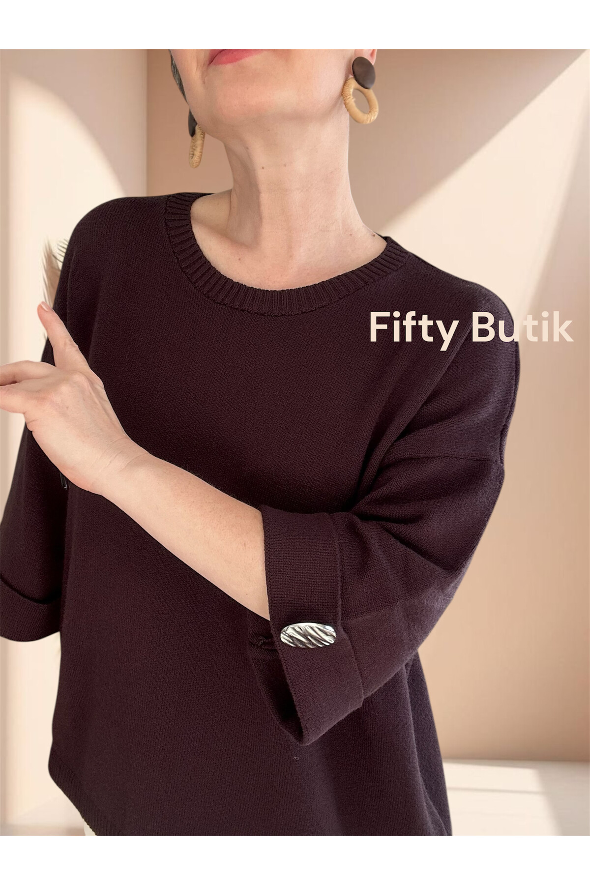 Macca Tasarım Düğme Detay Triko Bluz Kahverengi