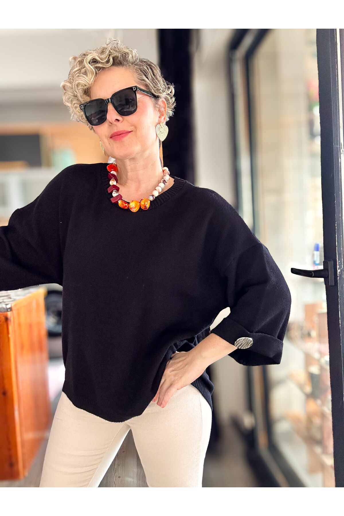 Macca Tasarım Düğme Detay Triko Bluz Siyah