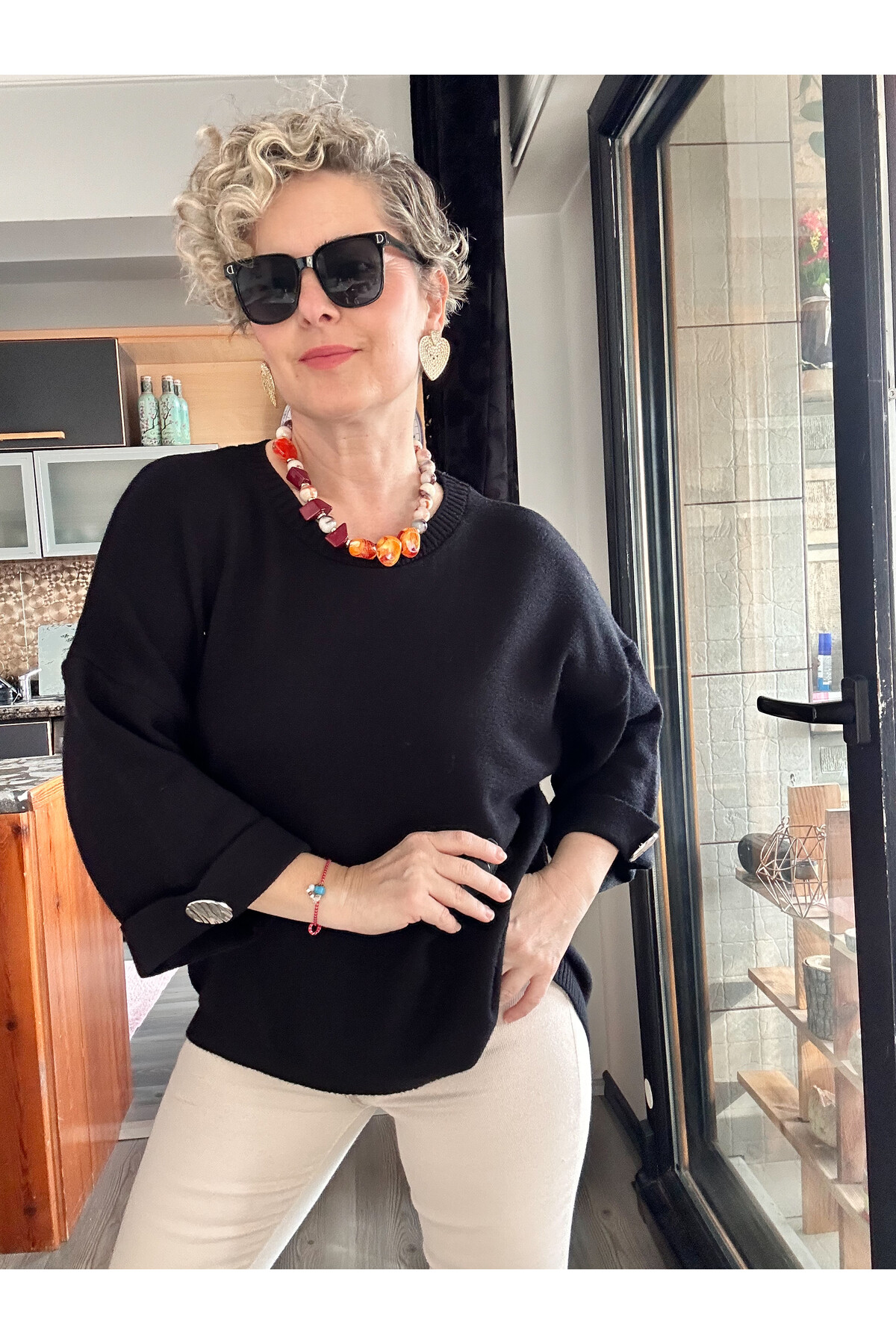 Macca Tasarım Düğme Detay Triko Bluz Siyah