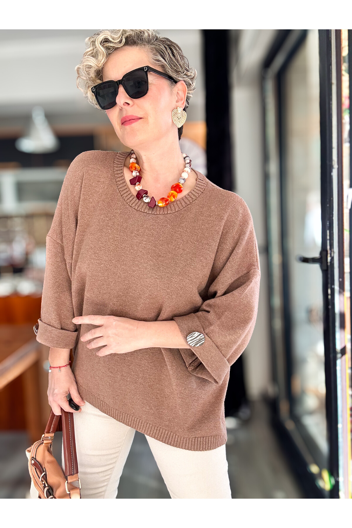 Macca Tasarım Düğme Detay Triko Bluz Vizon