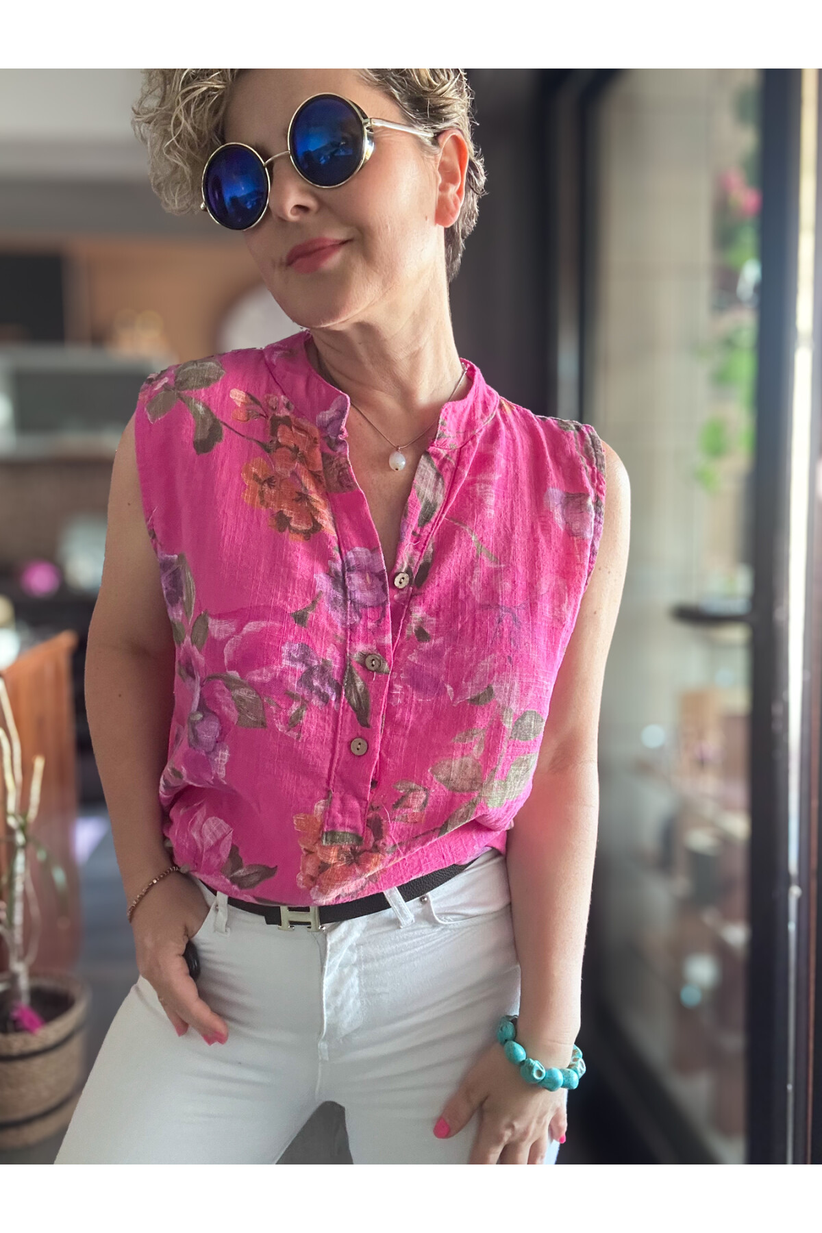 Massa Lilyum Desen Sıfır Kol İtalyan Bluz Fuşya