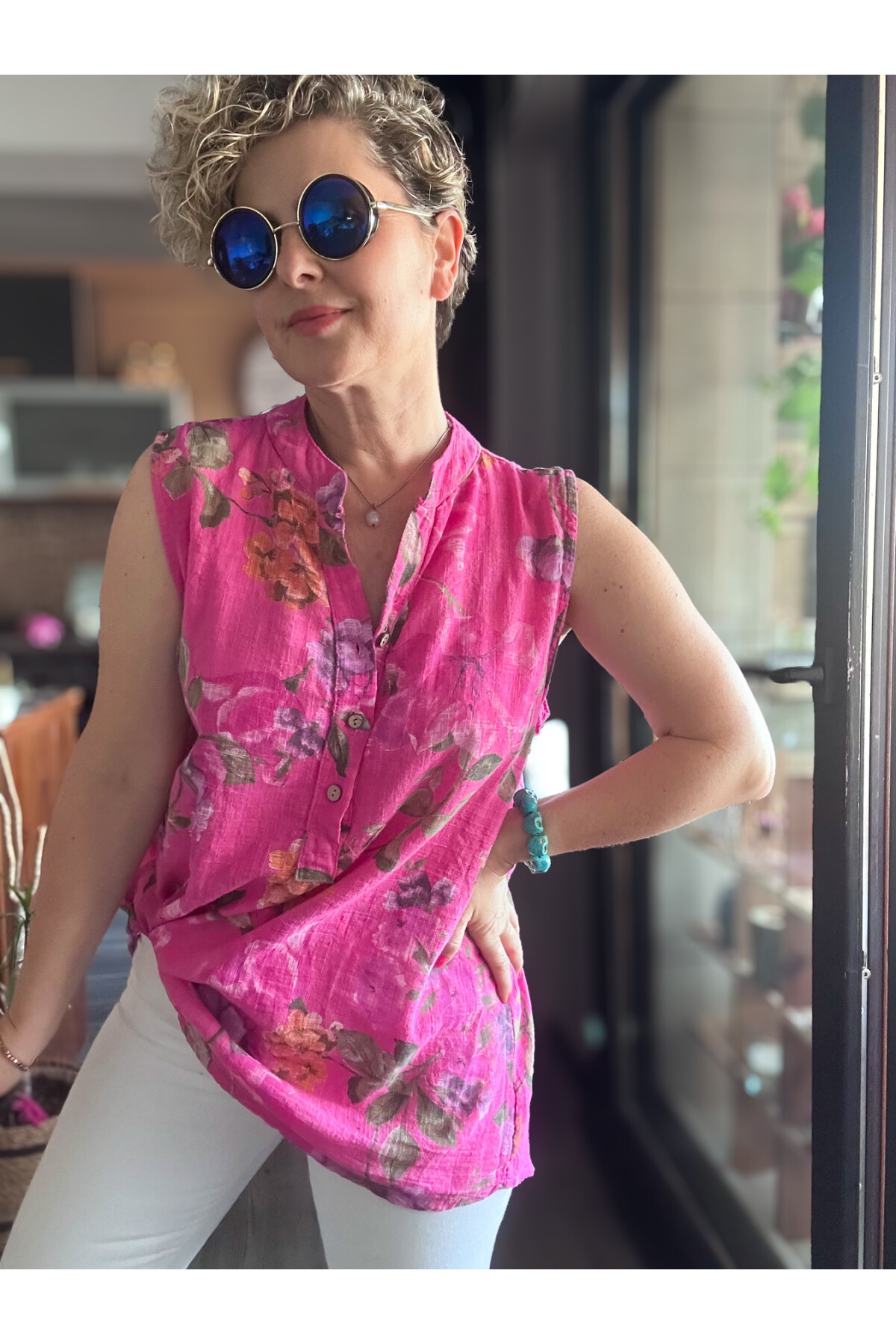 Massa Lilyum Desen Sıfır Kol İtalyan Bluz Fuşya