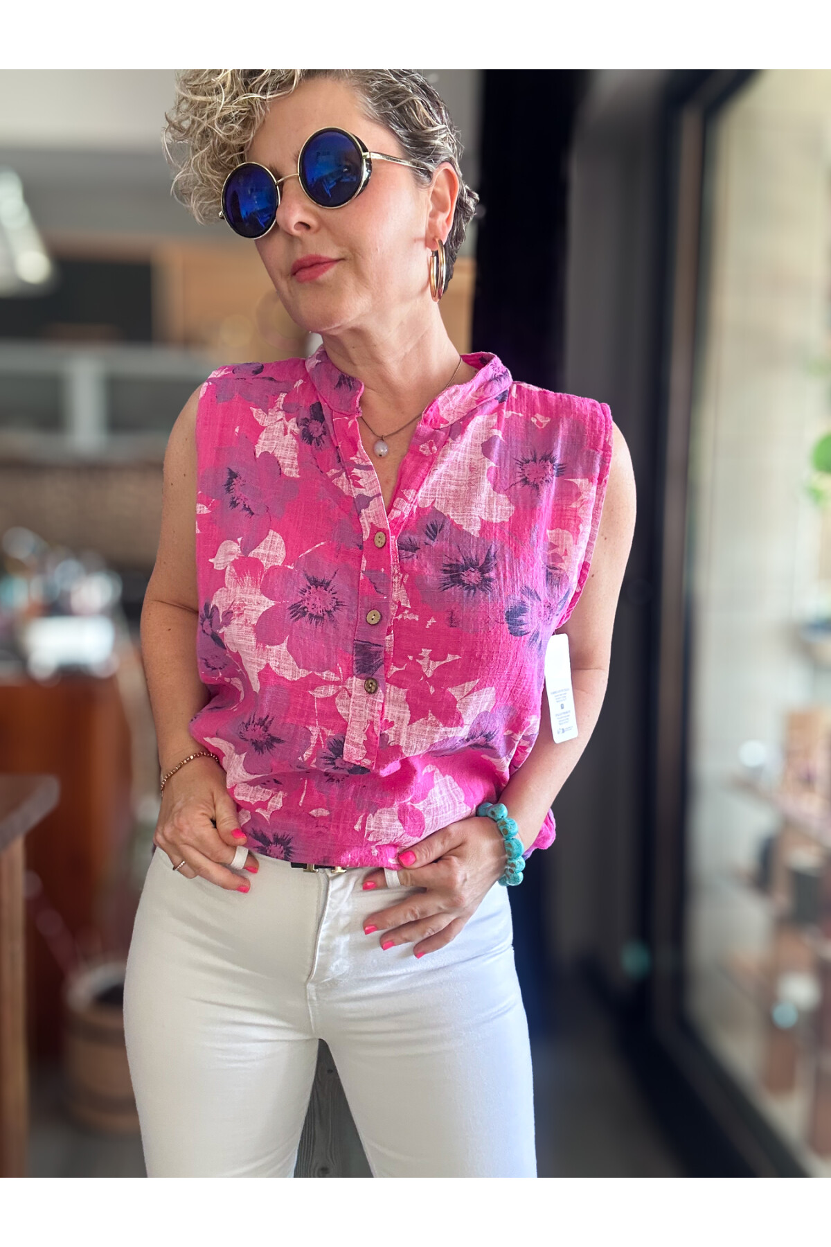 Massa Lotus Desen Sıfır Kol İtalyan Bluz Fuşya