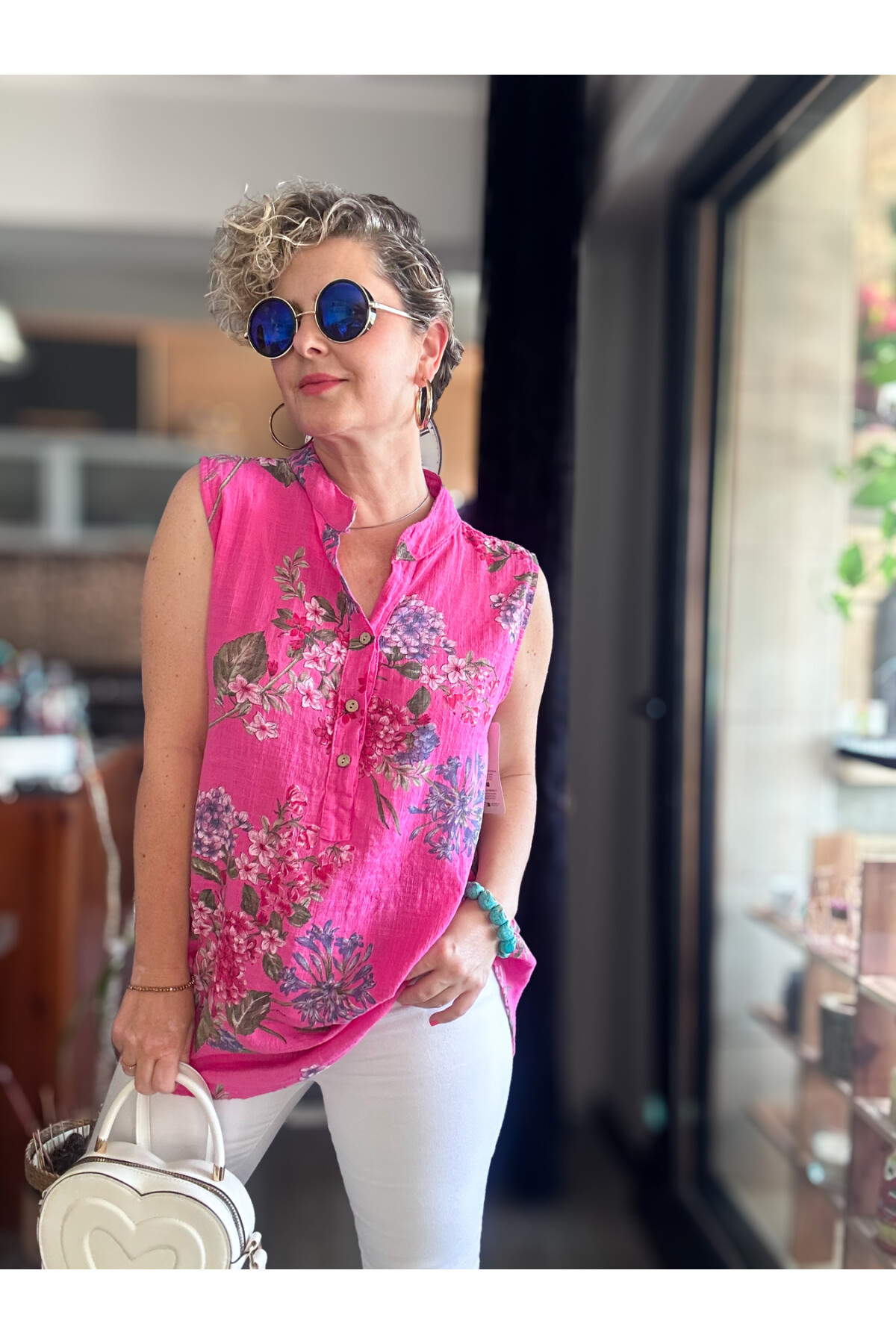 Massa Ortanca Desen Sıfır Kol İtalyan Bluz Fuşya