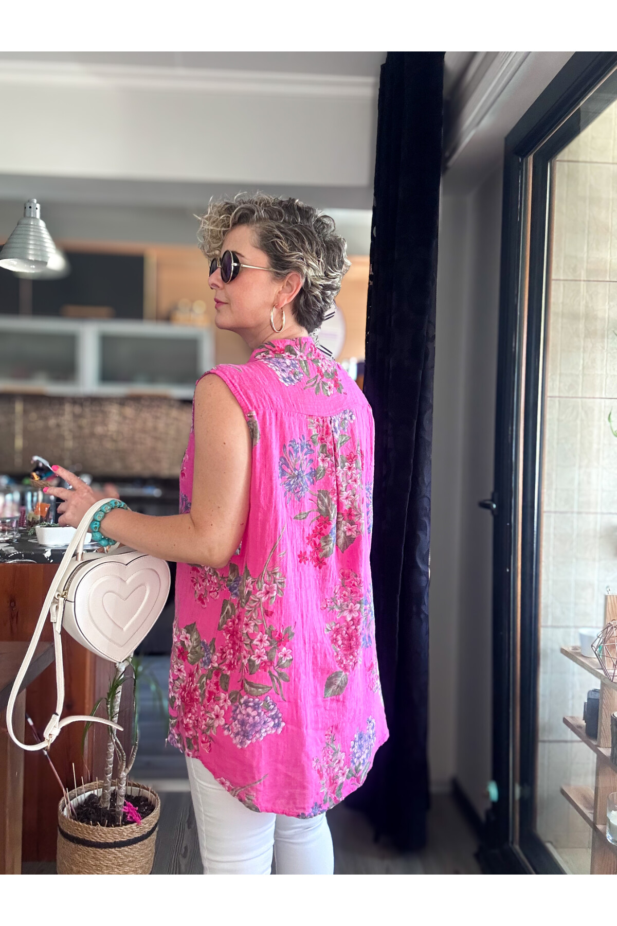 Massa Ortanca Desen Sıfır Kol İtalyan Bluz Fuşya