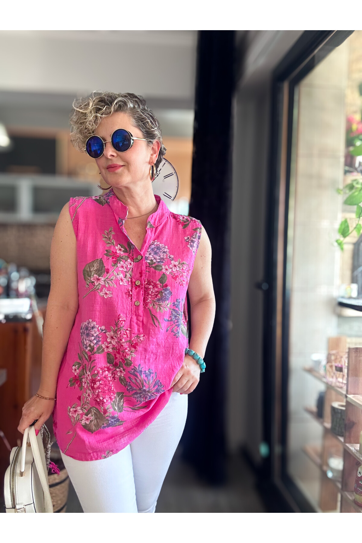 Massa Ortanca Desen Sıfır Kol İtalyan Bluz Fuşya