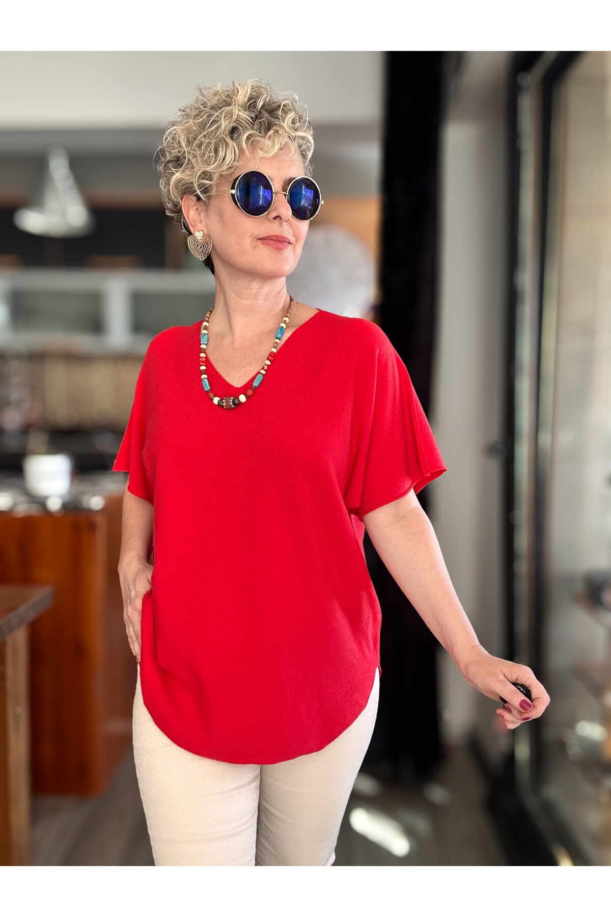 Maste İtalyan Oval Kesim Triko Bluz Kırmızı