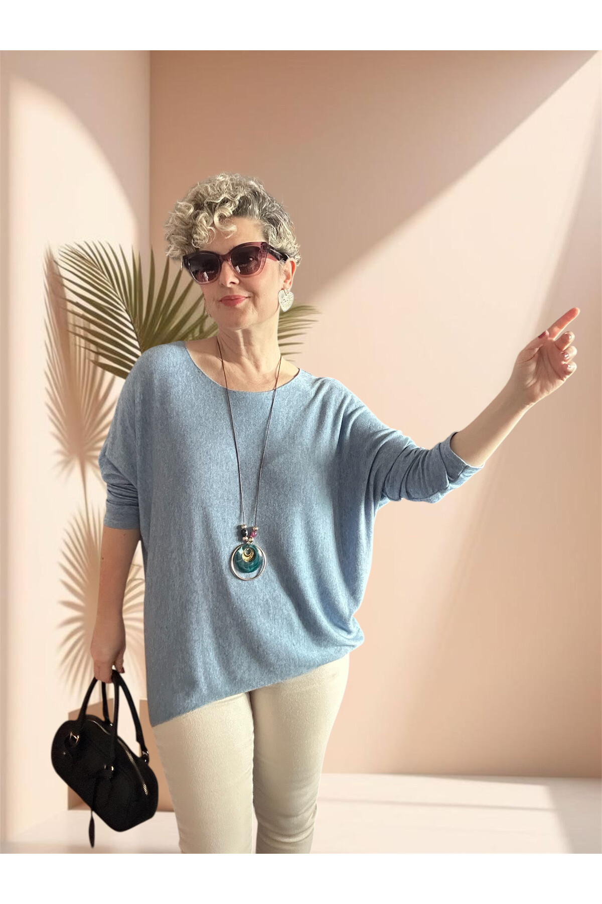 Mezzo İtalyan Kolyeli Tasarım Triko Bluz Bebe Mavi