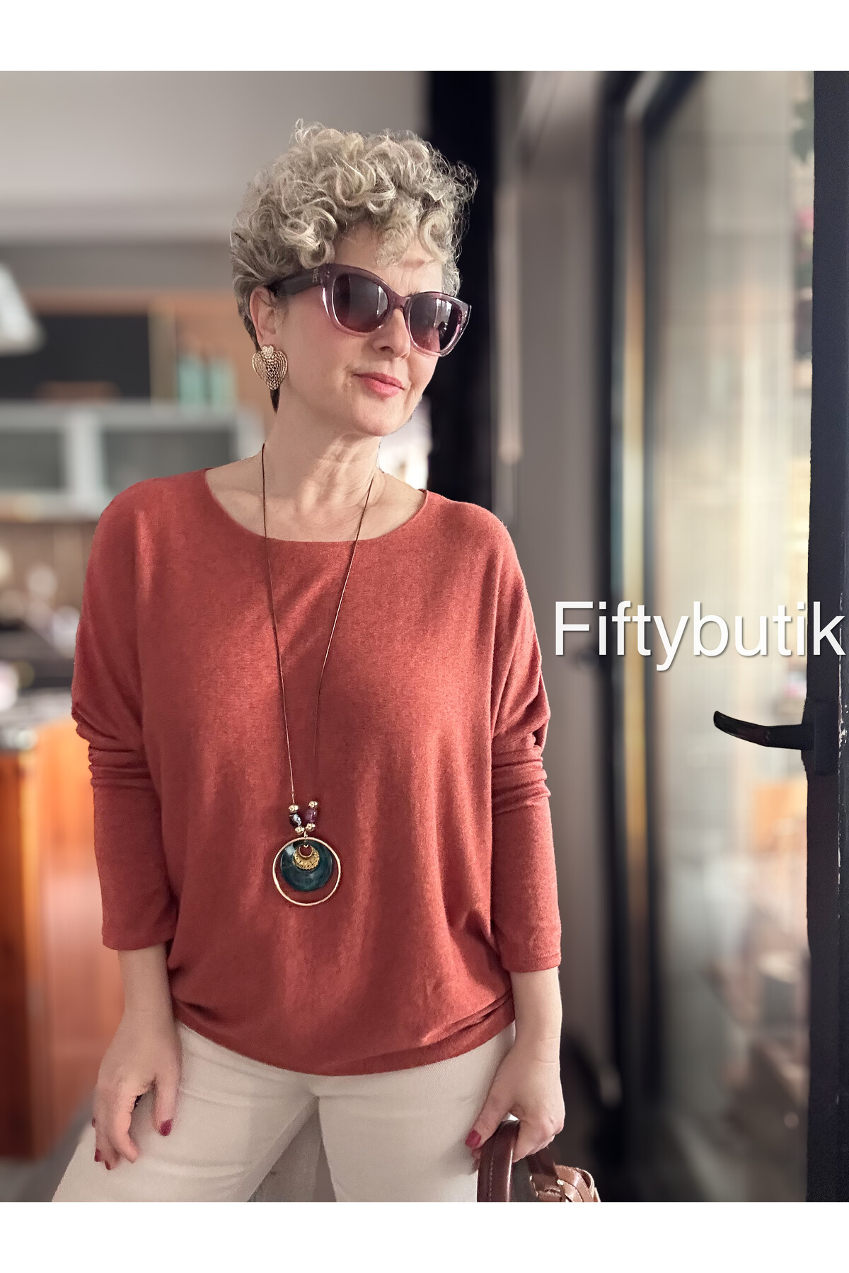 Mezzo İtalyan Kolyeli Tasarım Triko Bluz Kiremit