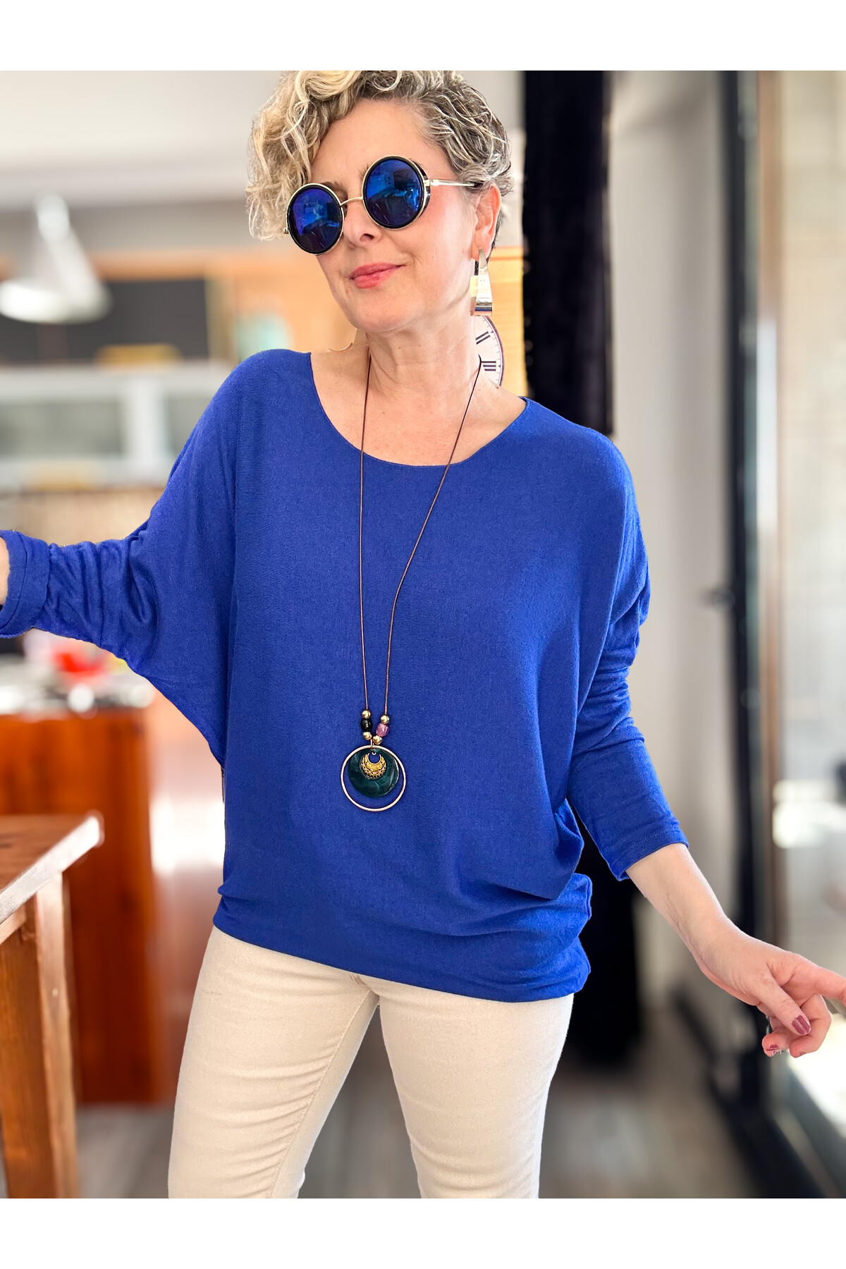 Mezzo İtalyan Kolyeli Tasarım Triko Bluz Sax Mavi