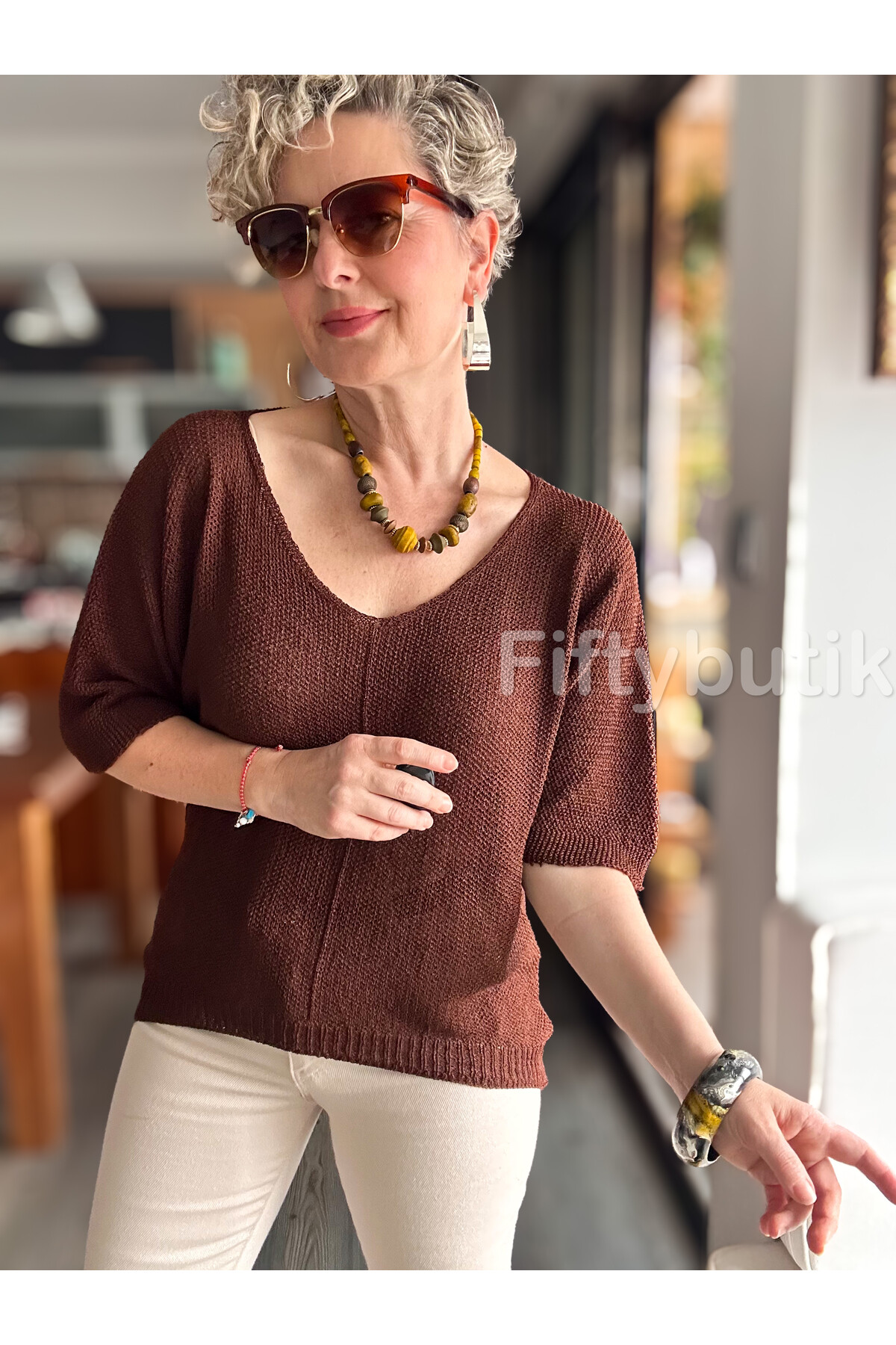 Miatta Tasarım Merserize Bluz Kahverengi