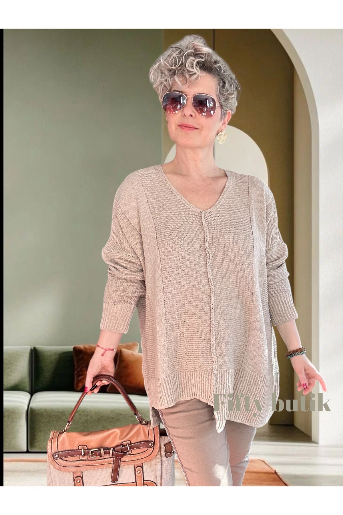 Mudy Tasarım Oversize Triko Tunik Taş