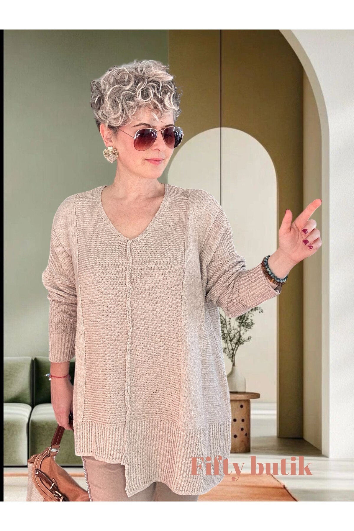 Mudy Tasarım Oversize Triko Tunik Taş