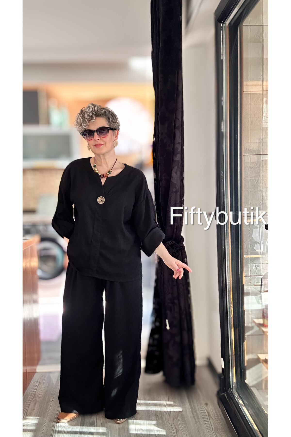 Natte İnce Fitil Düğme Detay Oversize Takım Siyah